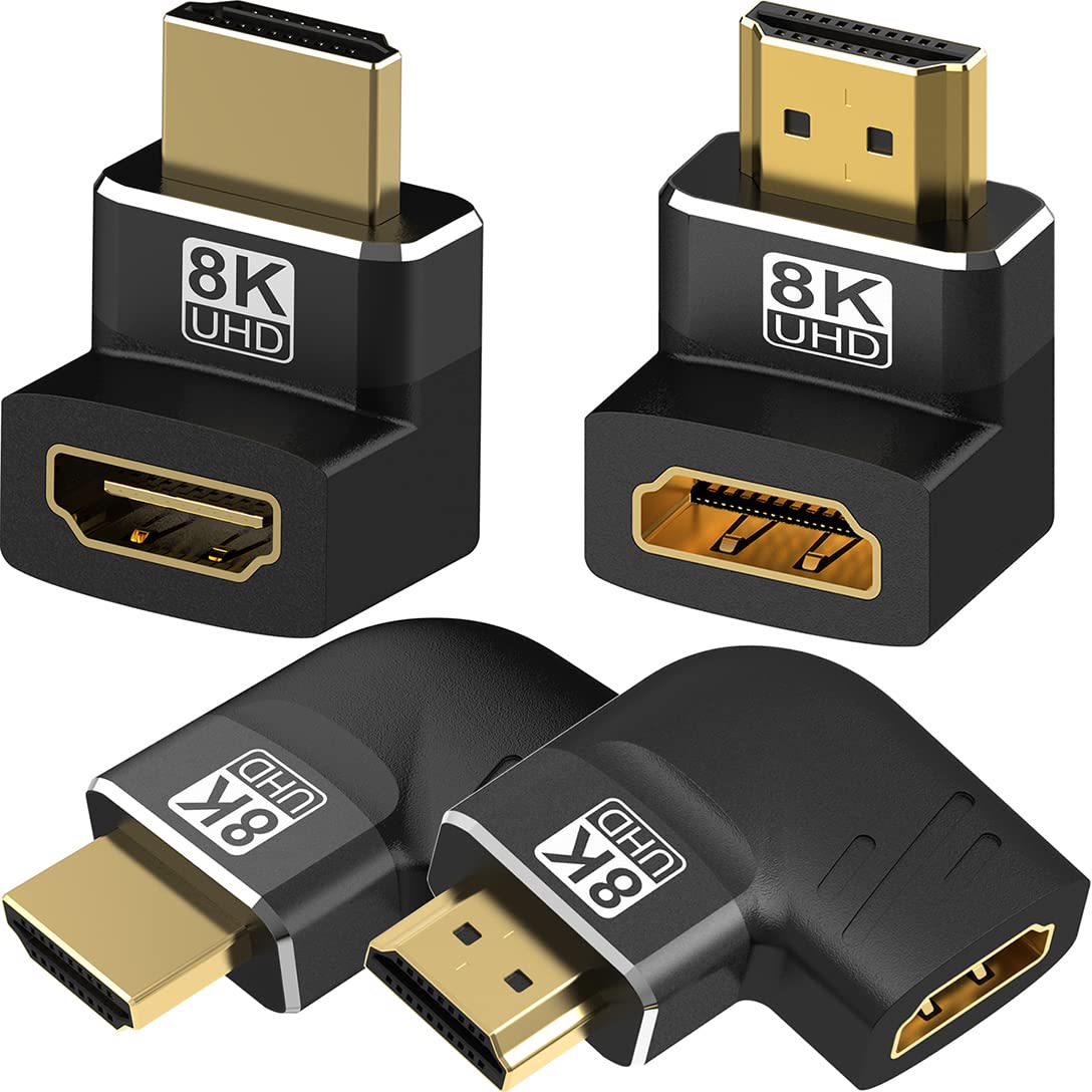 Warmstor 8K HDMI Adapter Right Angle 4 Pack, HDMI 2.1 Male to Female Adapters Up Down Left Right 270 90 Degree Adapter Gold Plated Support 8K@60Hz, 4K@120Hz, HDR, eARC for HDTV Switch Laptop PS4 PS5