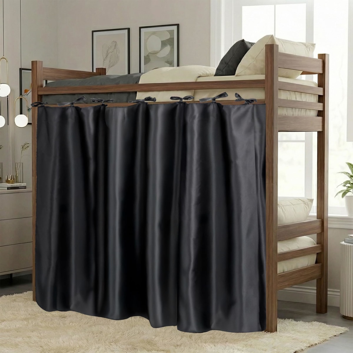 Calm&Cozy Blackout Curtain for Bottom Bunk – Bunk Bed Curtain, Easy Tie-On, No-Drill, Fits Twin Loft & Dorm Beds, 100% Polyester, Canopy Cover, Privacy Curtain, Blackout Panel, Study Nook