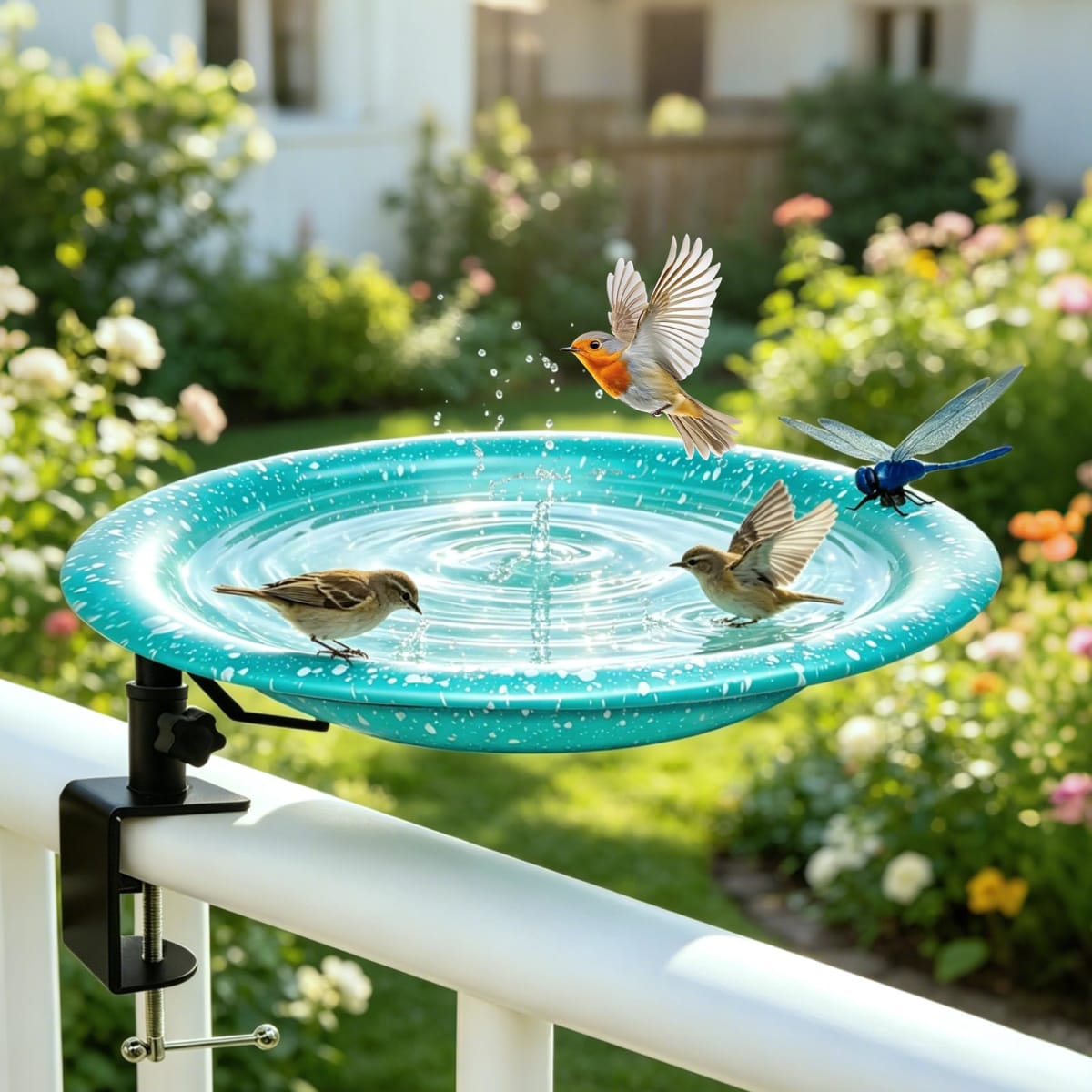 TIANCENTRAL H 11.5" Deck Mounted Birdbath & Feeder Sky Blue Dots Yard Decor