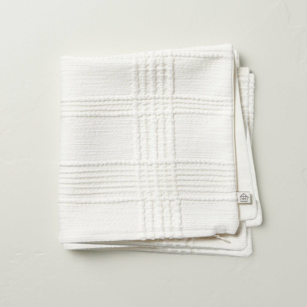 18"x18" Raised Plaid Decorative Pillow Cover Cream - Hearth & Hand™ with Magnolia: Cotton Texture, Hidden Zipper
