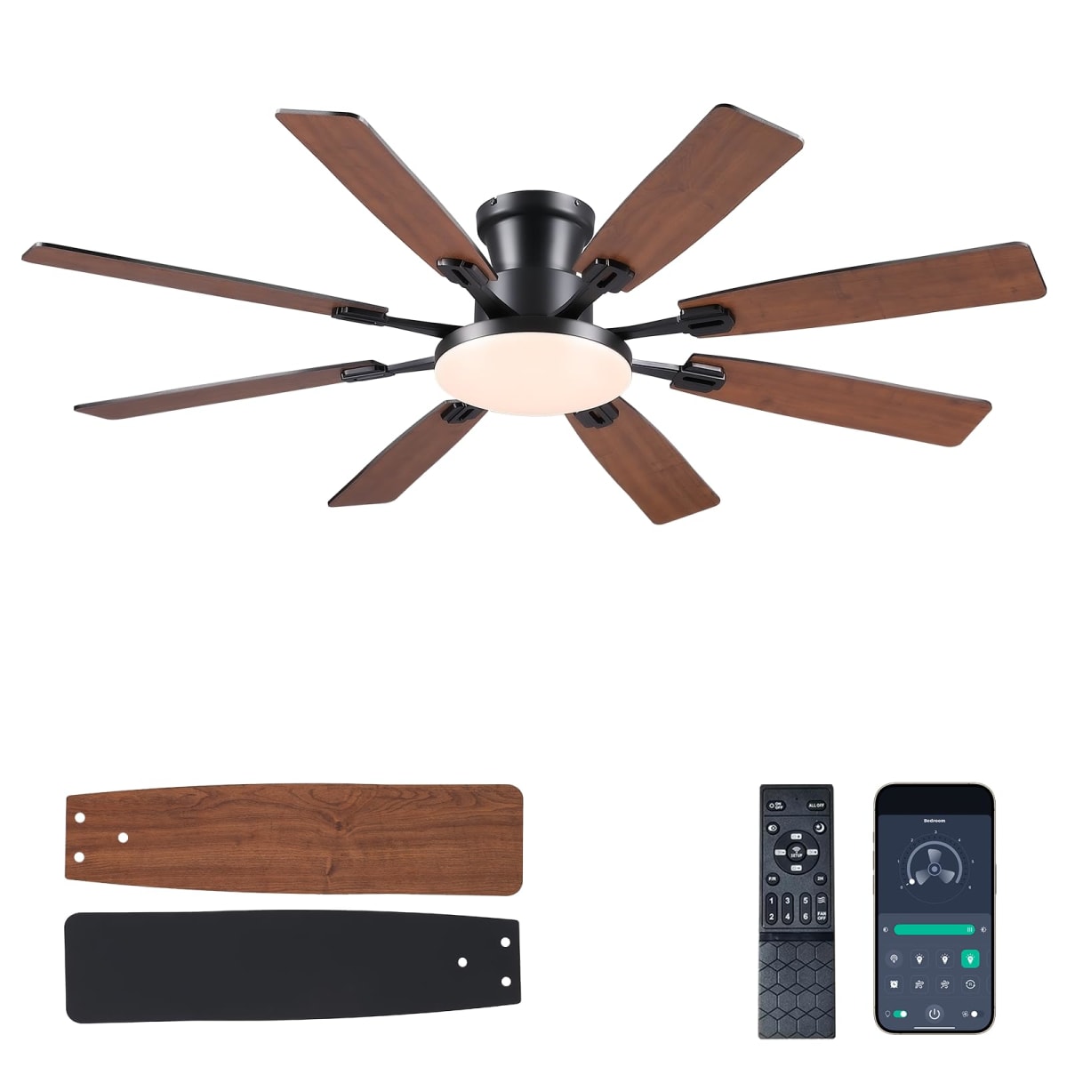 JSAITEE 60Inch Ceiling Fan with Lights, Large Low Profile Flush Mount,Brown