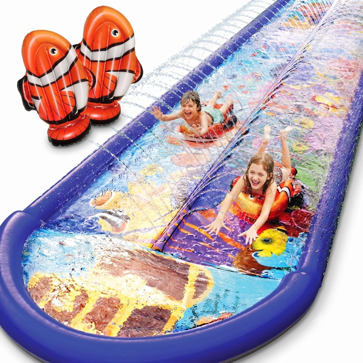 Undersea Water Dual Slip and Slide - 18 Ft X 5 Ft Slip N Slide and Sprinkler Splash Pad, Water Slide with Body Boards