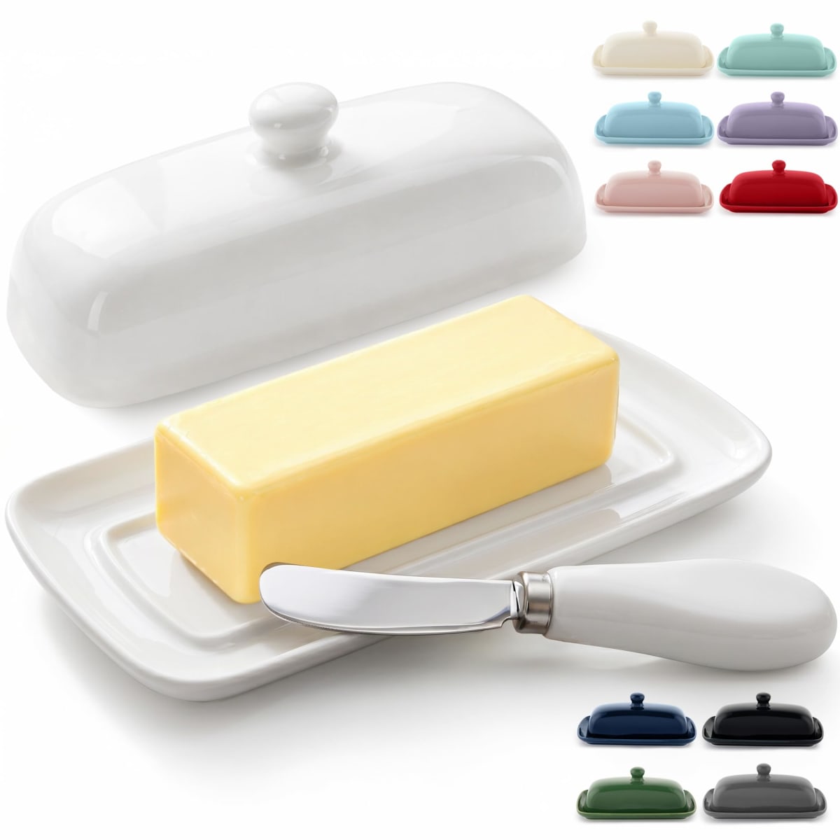 Zulay Porcelain Butter Dish with Lid – White Ceramic Butter Container with Knob Handle – Classic Countertop Butter Holder for 1 Standard Stick – Covered Butter Tray for Western or Eastern Butter