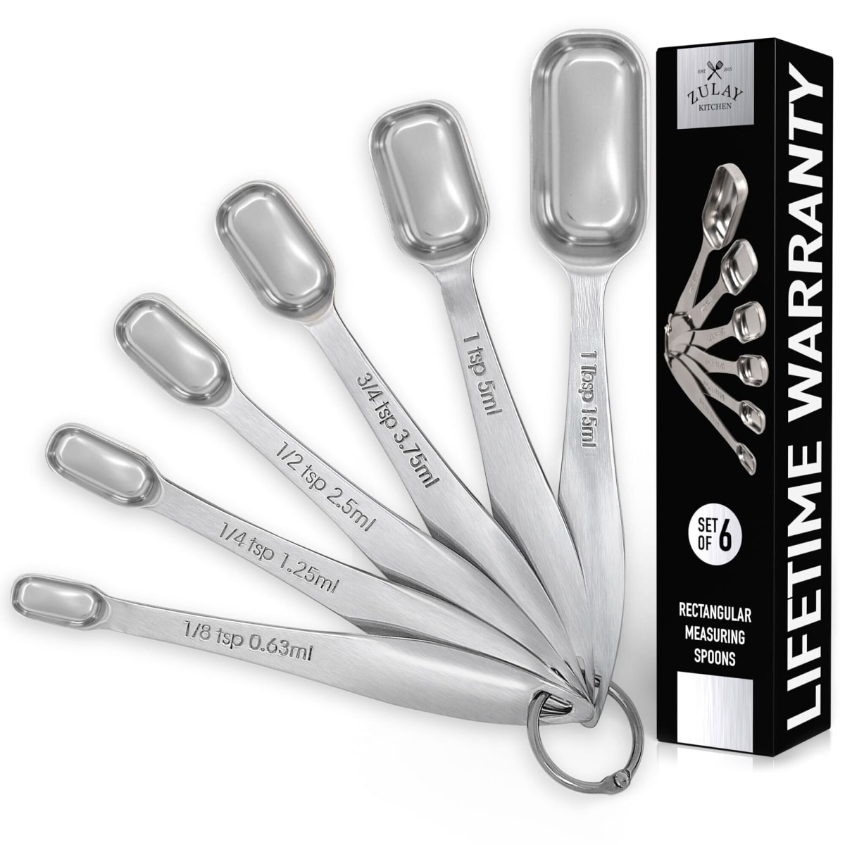 Zulay Heavy Duty Stainless Steel Measuring Spoons with Easy to Read, Slim Design for Narrow Spice Jars, 6 Piece Measuring Spoons with Etched Markings & Removable Clasp, Table Spoons Measuring Spoon