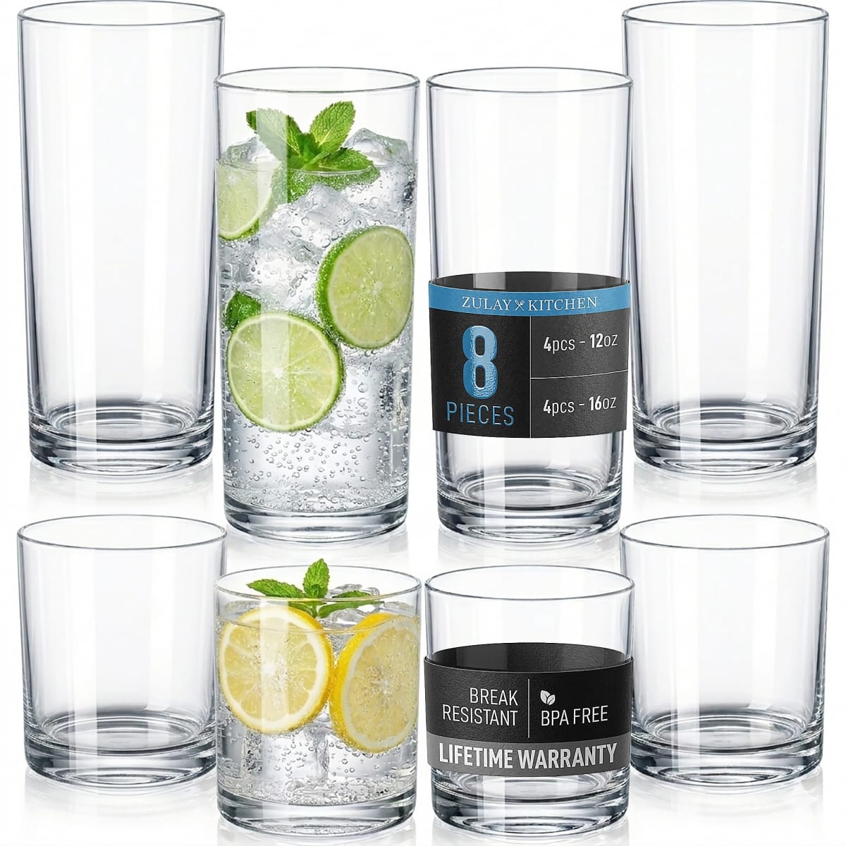 Zulay Kitchen Acrylic Glasses Drinkware - 8 Piece Unbreakable Plastic Tumblers - BPA-Free, Reusable Plastic Drinking Glasses for Home & Outdoors - Stackable, Lead-Free & Dishwasher Safe - (12&16oz)