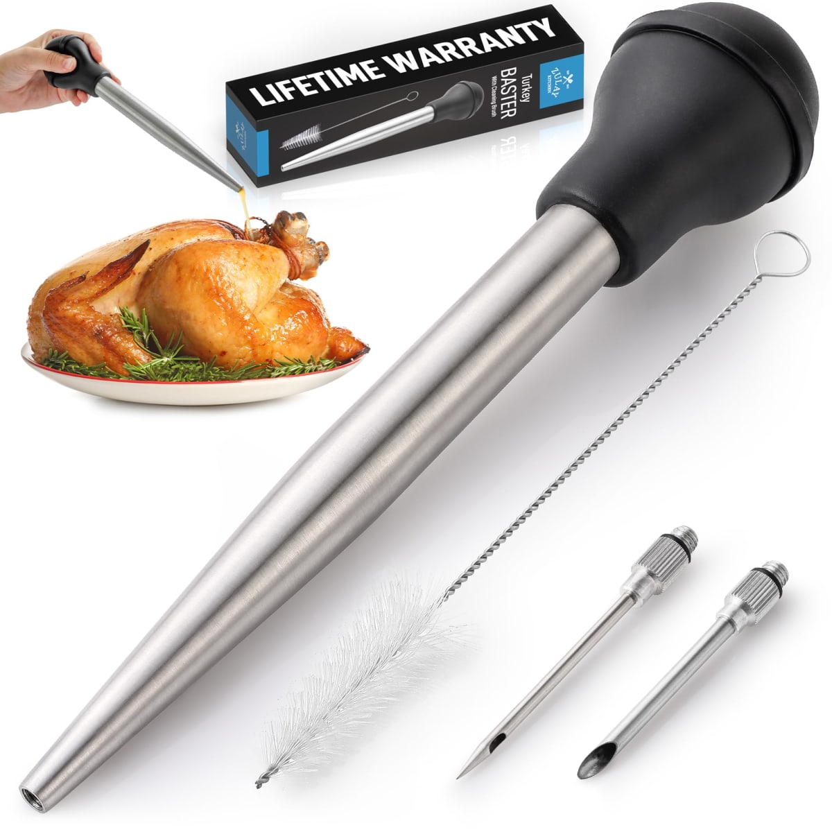 Zulay Kitchen Stainless Steel Turkey Baster for Cooking - Food Grade Metal Baster Syringe & Silicone Suction Bulb - Large Size With 2 Detachable Needles and Cleaning Brush
