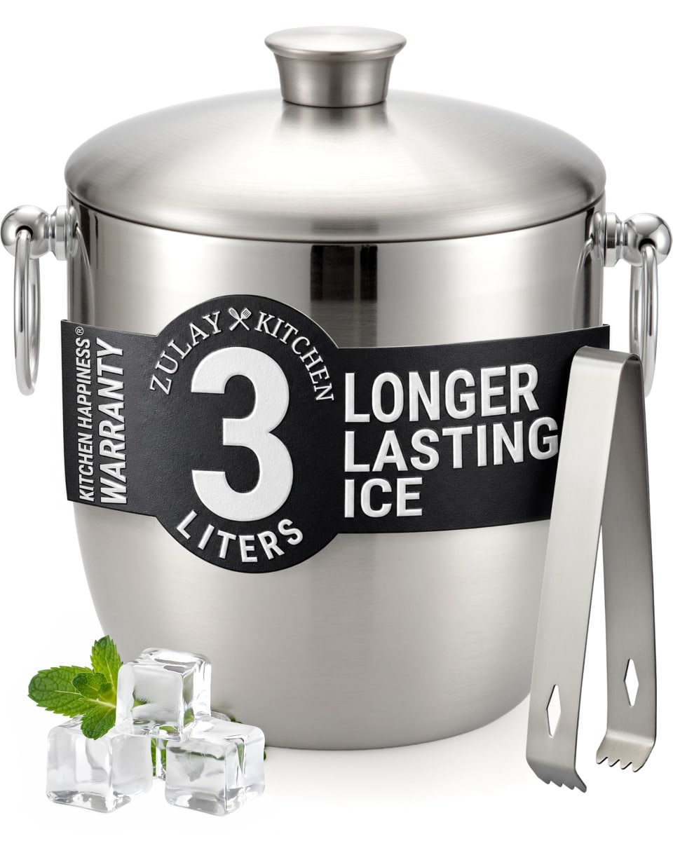 Zulay 3 Liter Double-Wall Insulated Ice Bucket for Cocktail Bar - Ice Buckets for Parties, Outdoor & Indoor - Stainless Steel Ice Bucket with Lid, Strainer & Tongs Included