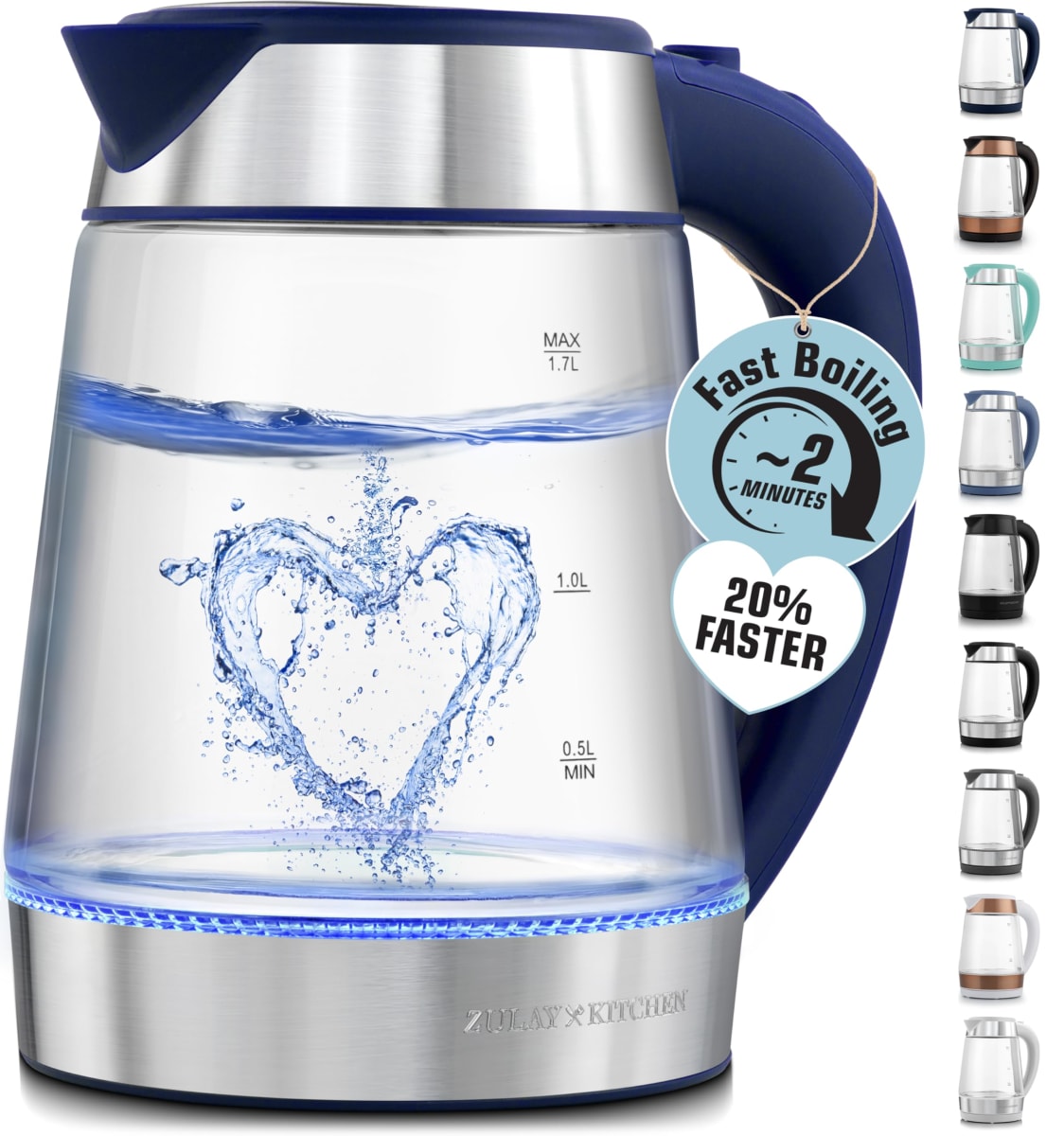 Zulay Kitchen Fast Boiling Electric Water Kettle - 1.7L, 1500W, Auto Shut-Off for Overboil & Boil Dry Protection, Cool-Touch Handle, 360° Base - Rapid Teapot Boiler For Coffee & Tea - Navy