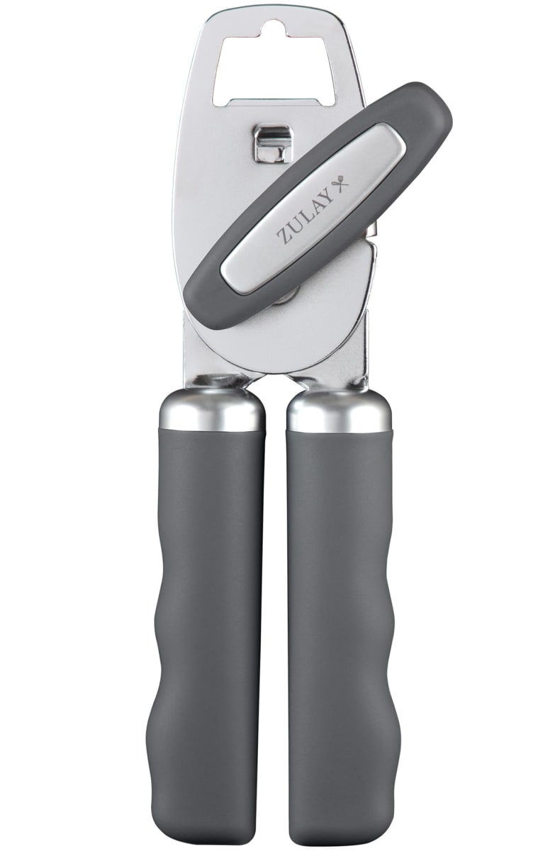 Zulay Kitchen Heavy Duty Stainless Steel Can Opener Manual with Bottle Opener - Rust Proof Manual Can Opener with Turn Knob & Soft Grip Handles - Gray
