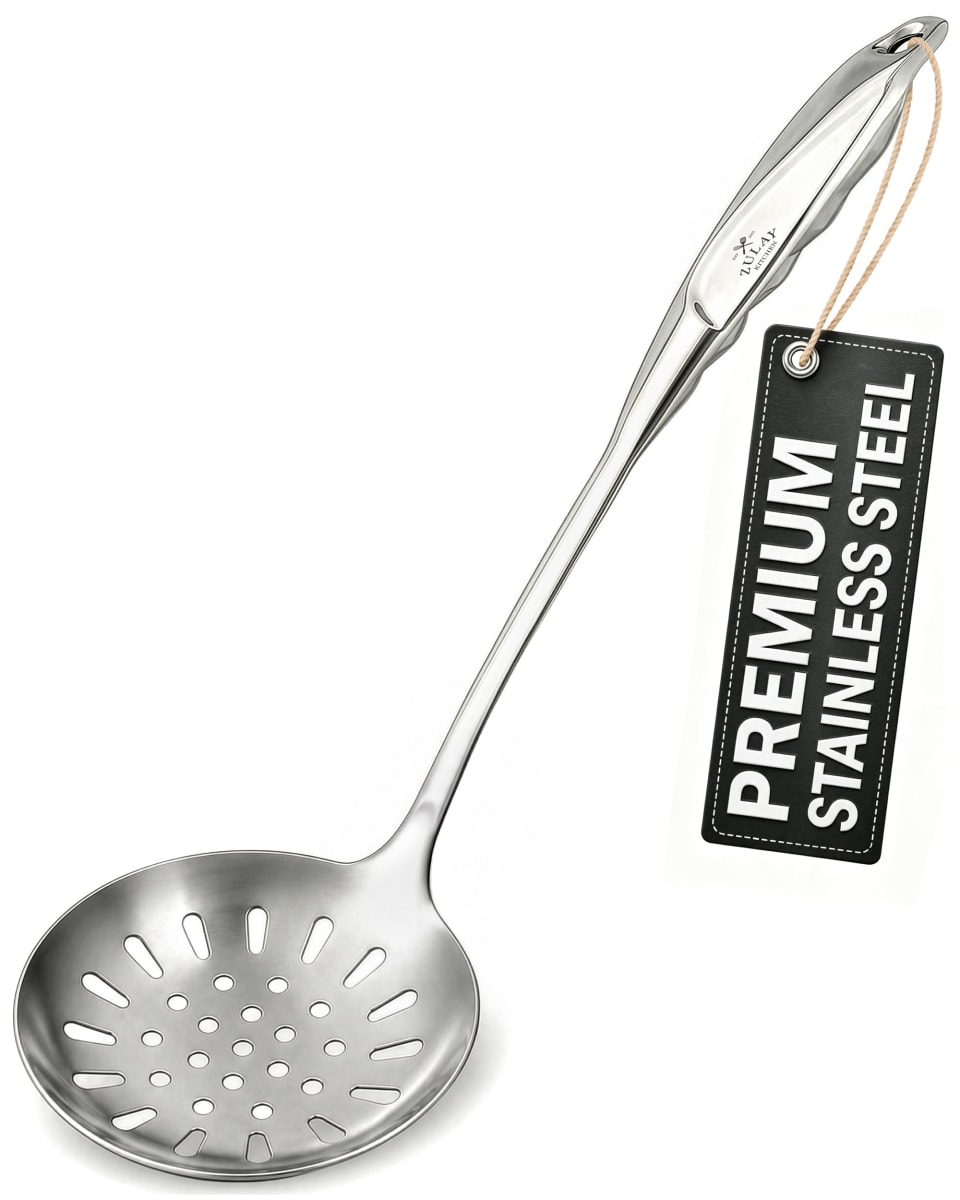 Zulay Kitchen Skimmer Spoon - Stainless Steel Slotted Spoon with Extra Large Bowl, Built-in Hang Hole & Comfortable Grip Handle - Durable Food Grade Strainer Spoon for Draining & Frying (14.5 inch)