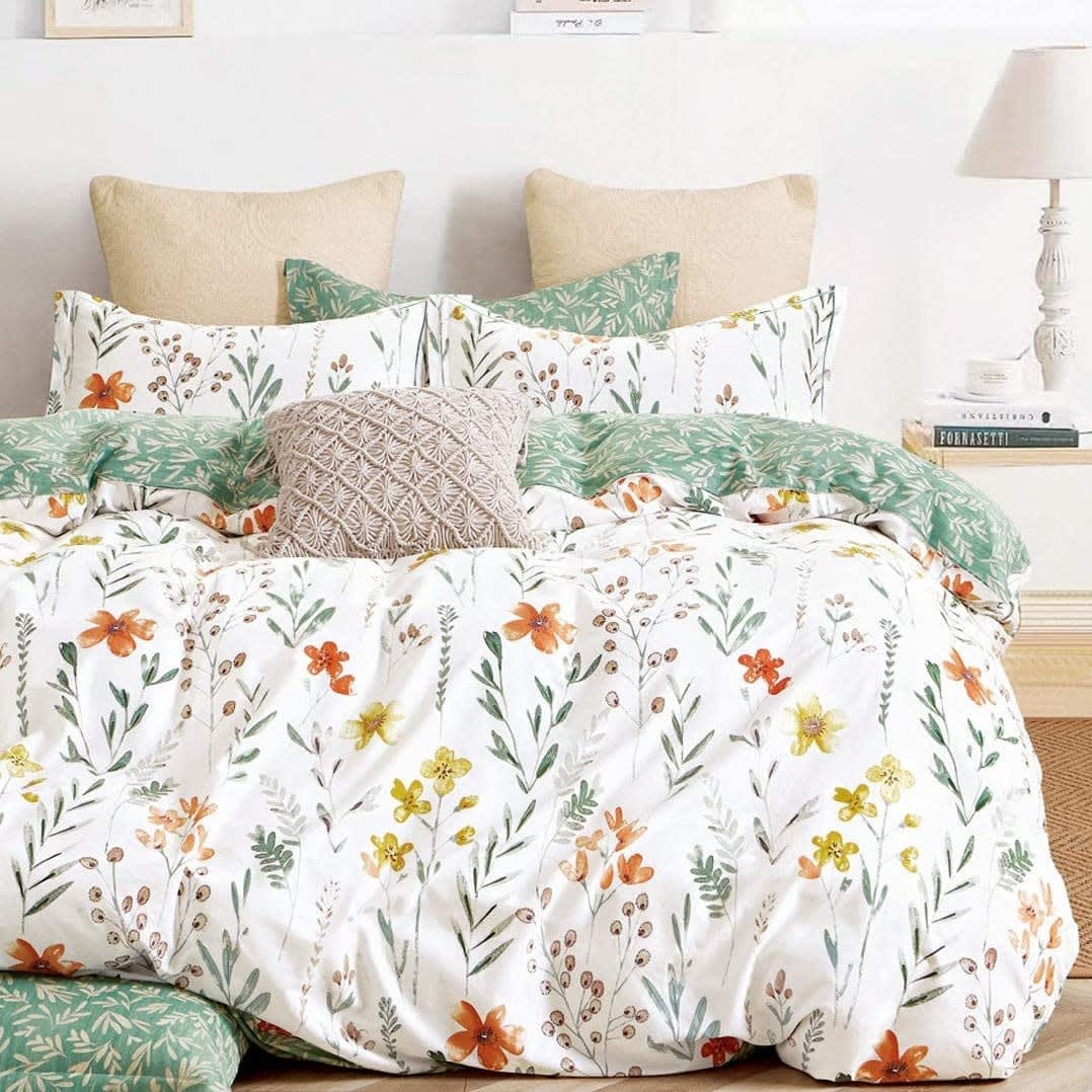 SLEEPBELLA King Size Comforter Set Yellow Flowers & Green Botanical Pattern Printed on White 100% Cotton Fabric, Ultra Soft Microfiber Inner Fill 3Pcs Bedding Set