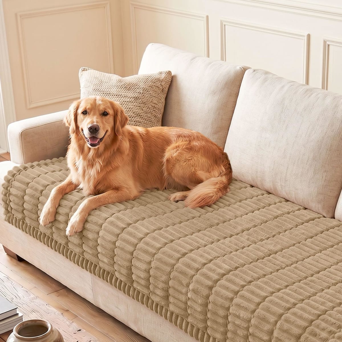 hyha Couch Covers for Dogs Washable, Non Slip Plush Dog Sofa Protectors, Fuzzy Pet Couch Covers for 3 Cushion Sofa Pet Friendly (Khaki, 35.4" x 88")
