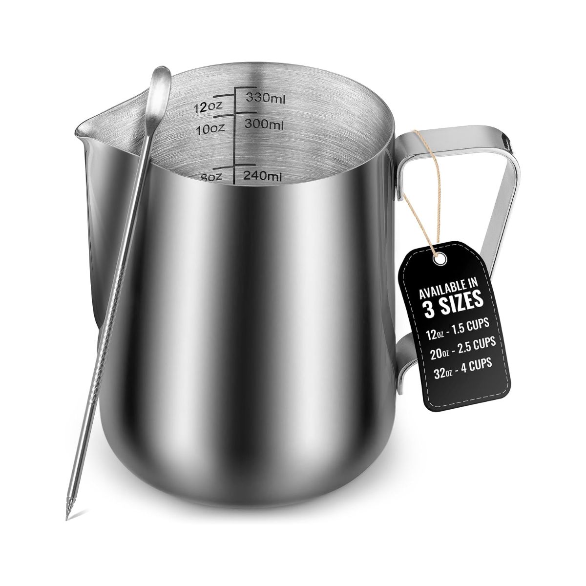 Zulay Kitchen Milk Frothing Pitcher & Latte Art Pen, 12oz Stainless Steel Milk Frother Latte Cup with Precise Measurement Markings, Milk & Creamer Pitcher, Coffee & Espresso Machine Accessories