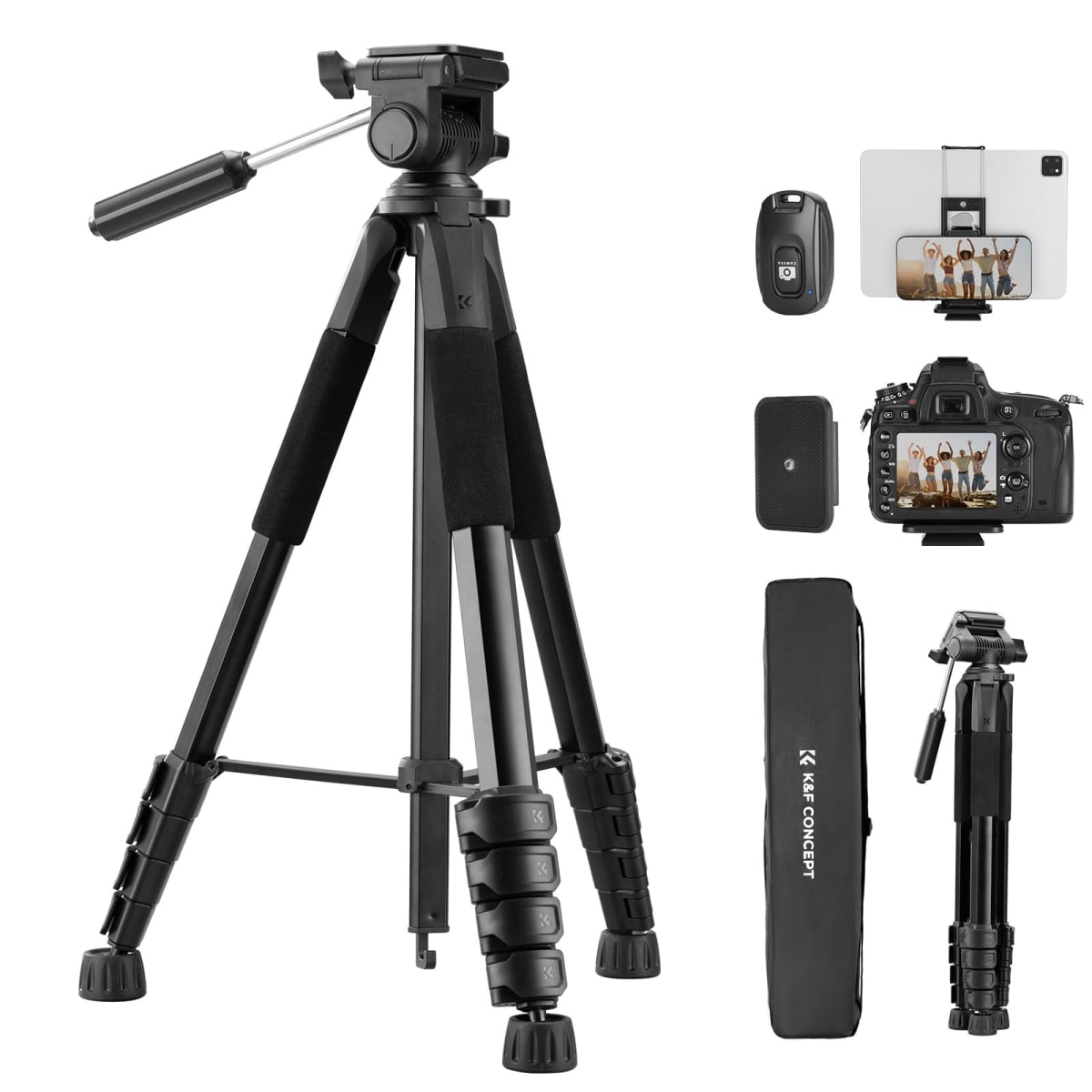 K&F CONCEPT 75" Camera Compact Tripod with Remote, Phone Holder & Pan Head