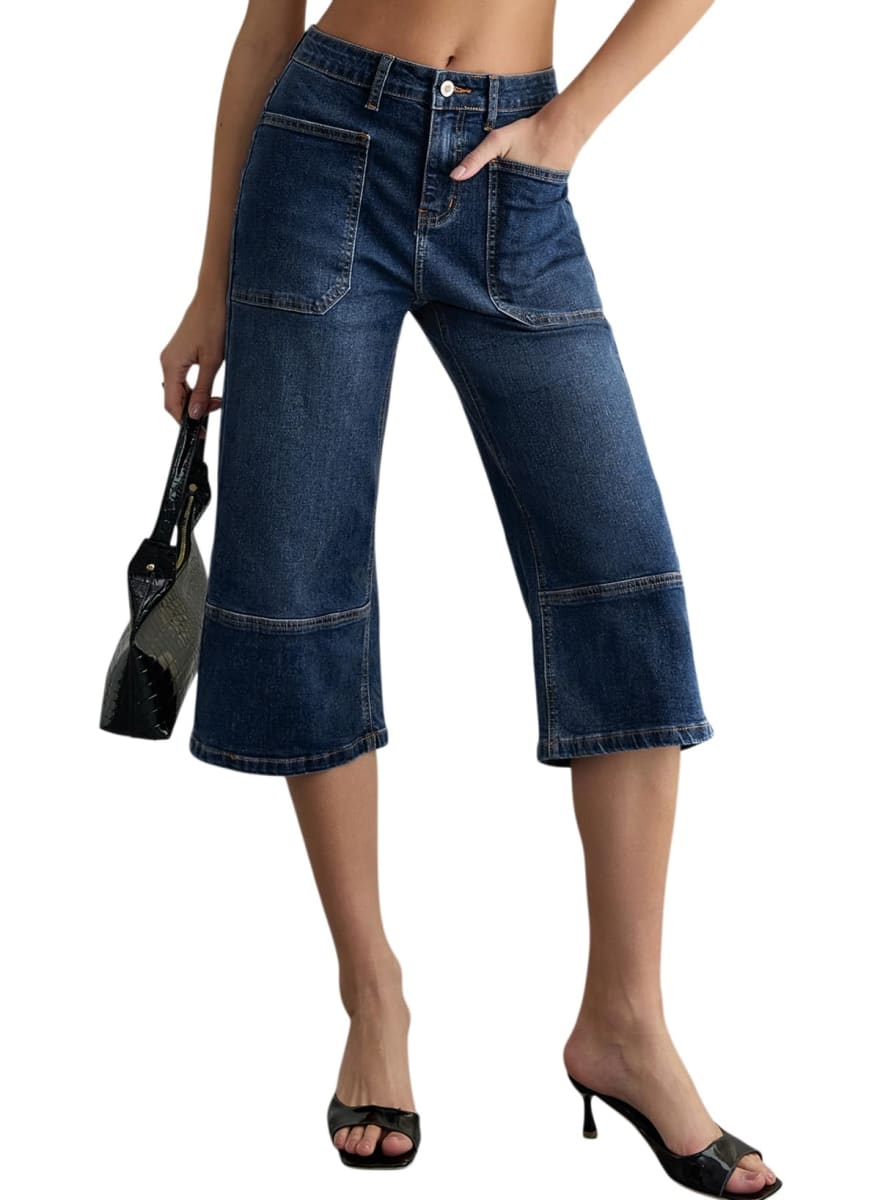 Sidefeel Women's Wide Leg Jeans High Waisted Stretchy Big Pockets Capri Denim Pants, Ashleigh Blue, 12