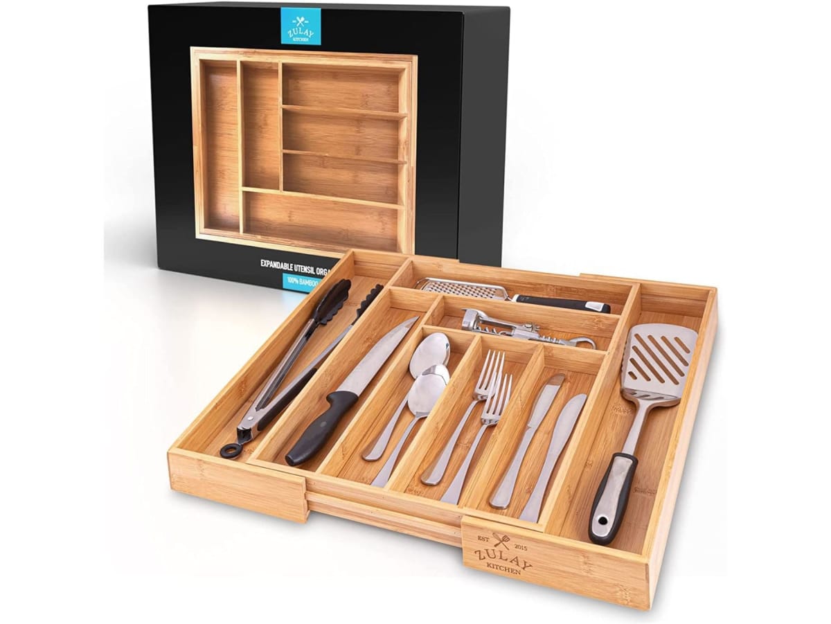 Zulay Expandable Bamboo Drawer Organizer - Adjustable Kitchen Drawer Organizer - Perfect Utensil Organizer For Silverware, Kitchen Knives, Flatware, and More