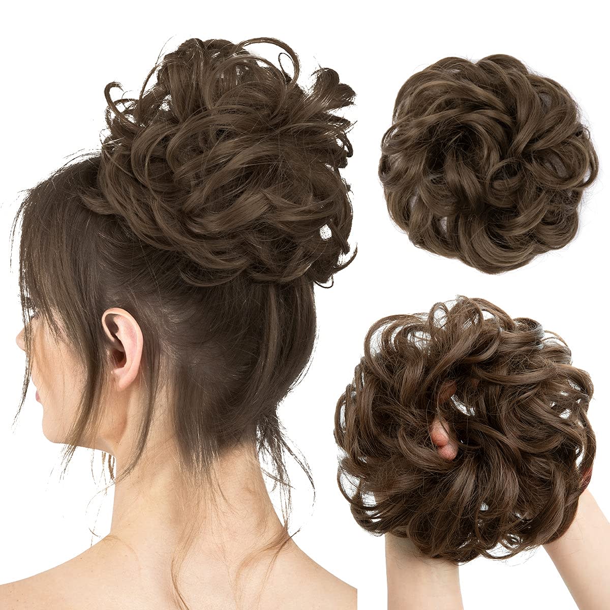 CJL HAIR Large Messy Bun Hair Piece Wavy Curly Scrunchies Synthetic Chignon Ponytail Hair Extensions Thick Updo Hairpieces for Women (Wavy, Curly, Medium Ash Brown)