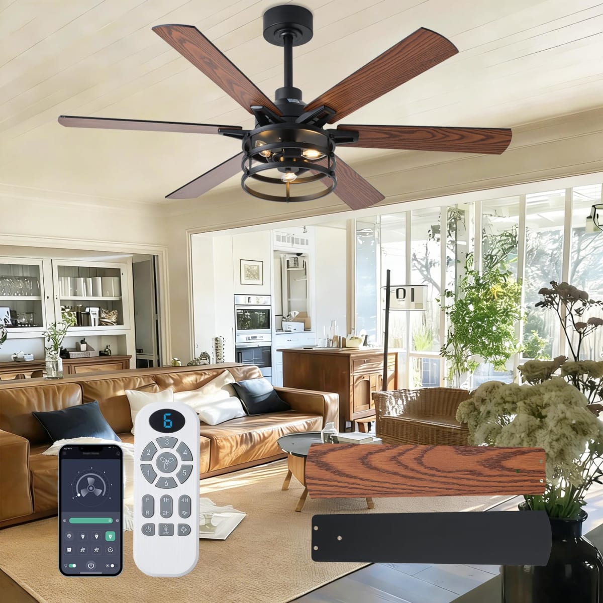 NKPU 52inch Ceiling Fans with Lights, Low Profile Ceiling Fan with Light and Remote/App Control, 2 Downrods, DC Reversible Motor