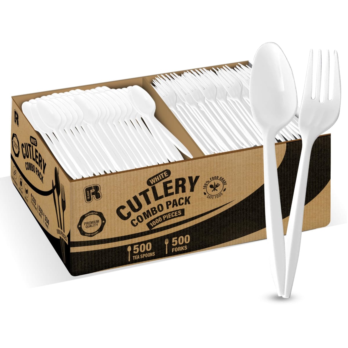 1000 Pcs Utensils Set - 500 Forks and 500 Teaspoons - Medium Weight Plastic Silverware - Bulk Disposable Cutlery - Packaging May Vary