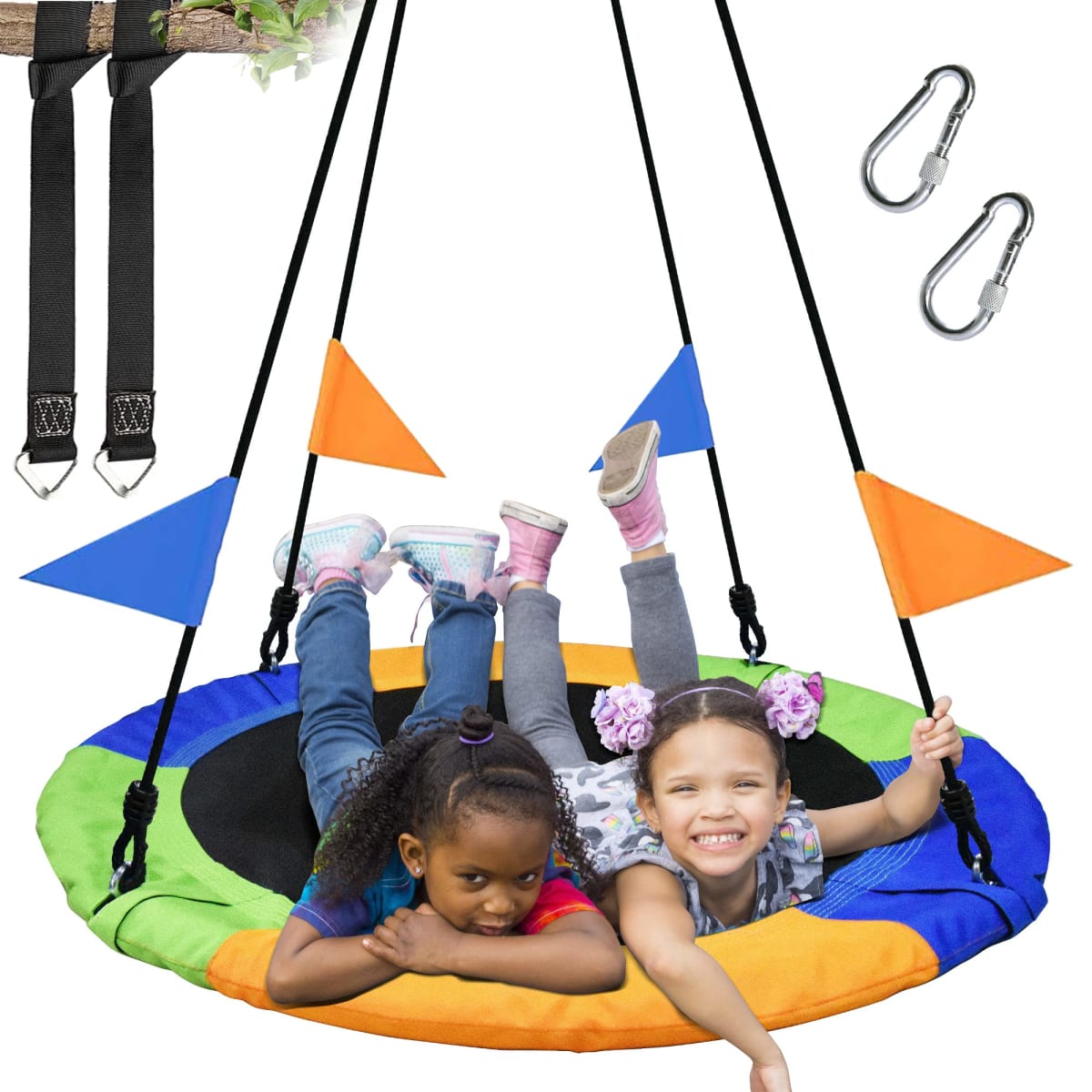 PACEARTH Saucer Tree Swing Flying More Weight Capacity with Swing Hanging Rope and Bonus Flags Multi-Color Net Swing Seat 100cm/40''
