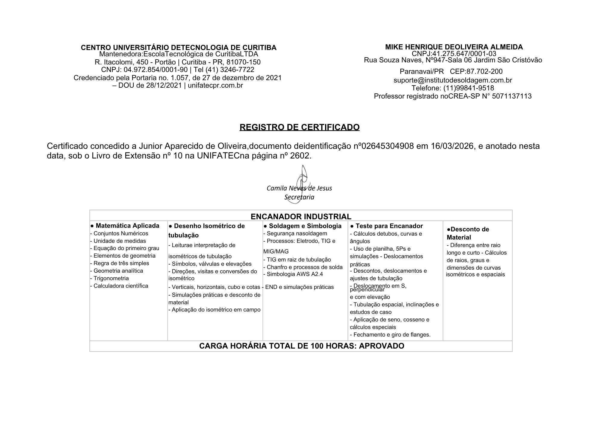 Verso do certificado