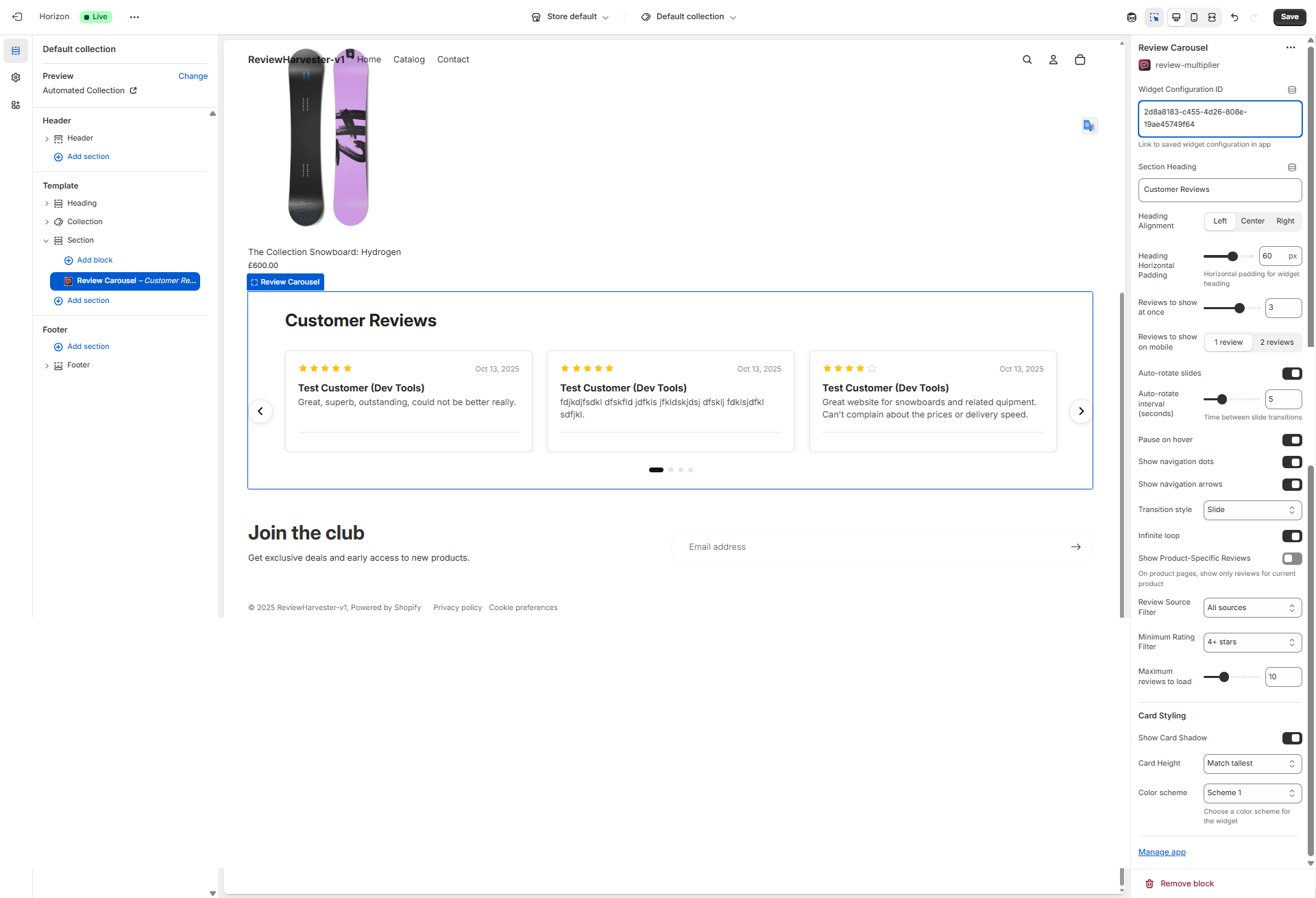 Review Carousel Widget Settings Panel