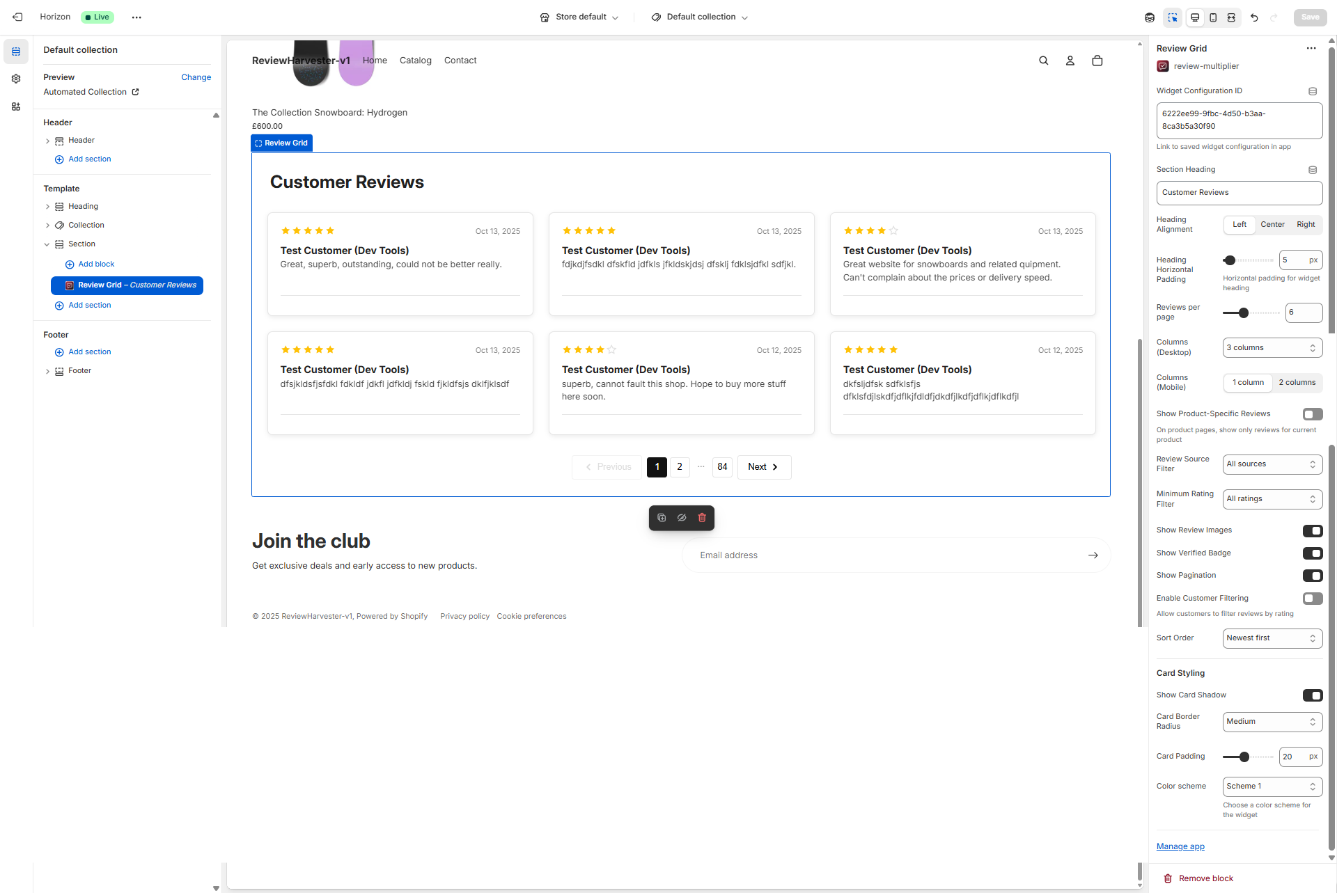 Review Grid Widget Settings Panel