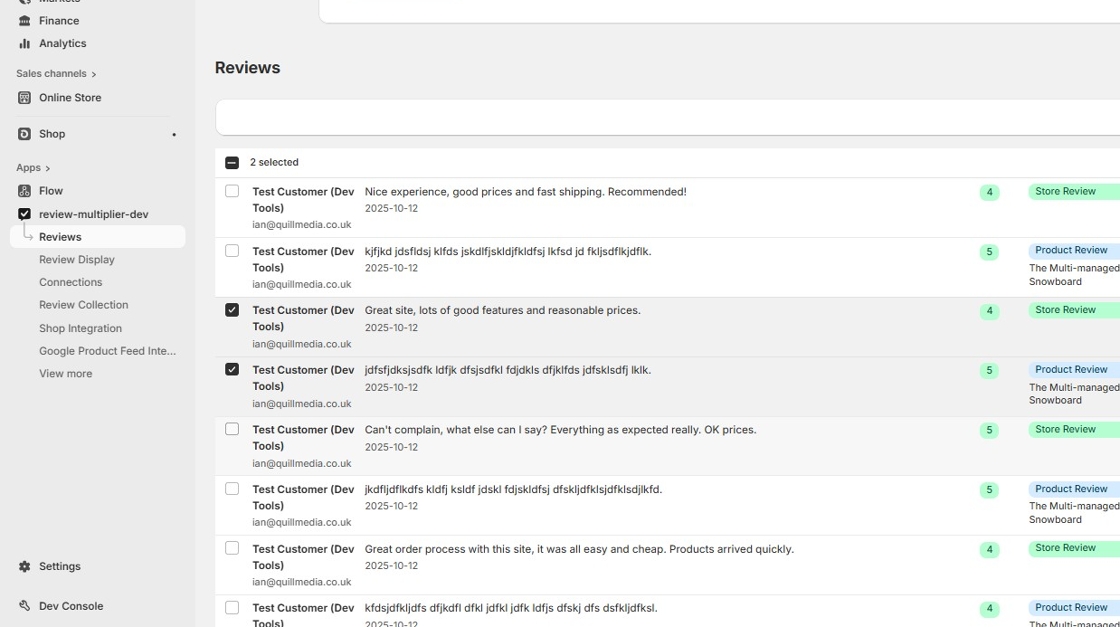 Select multiple reviews with checkboxes