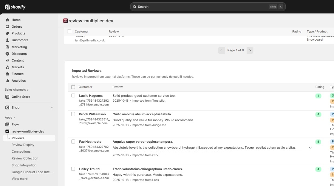 Select imported reviews for deletion
