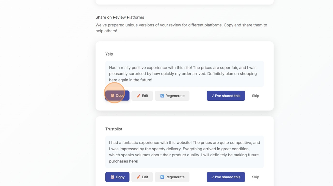 Copying review text for a platform