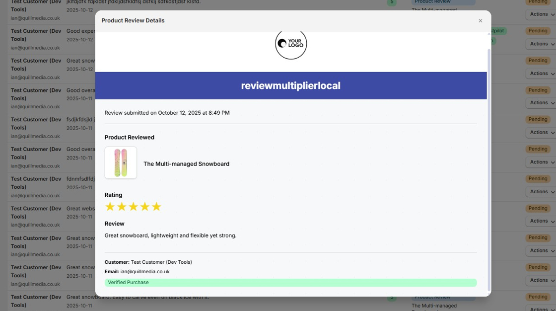 Product review modal
