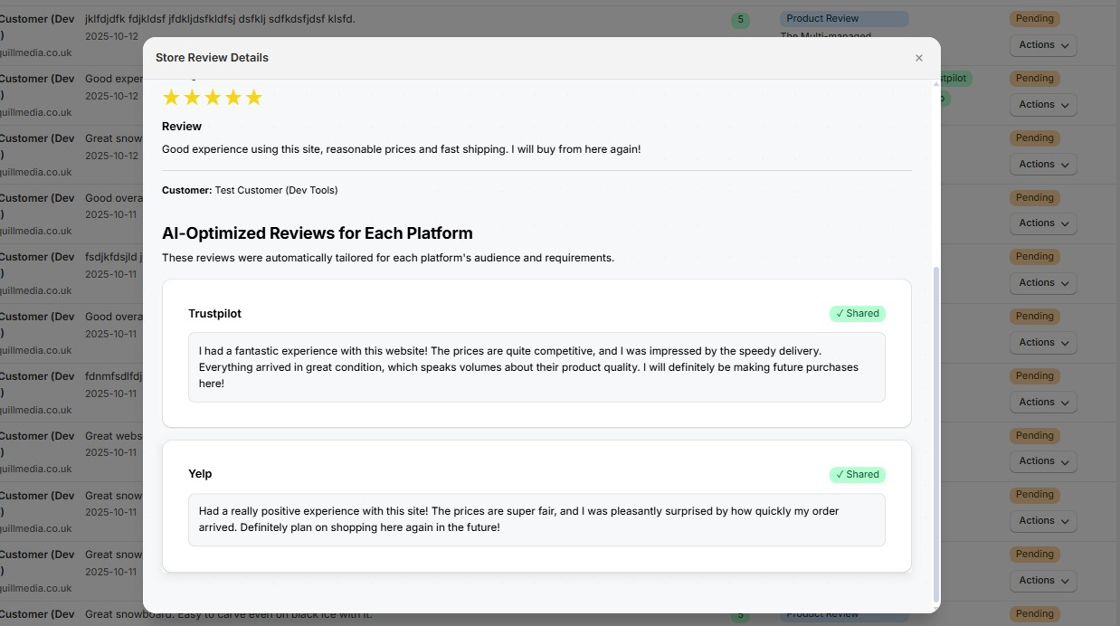 Store review modal with platform statuses