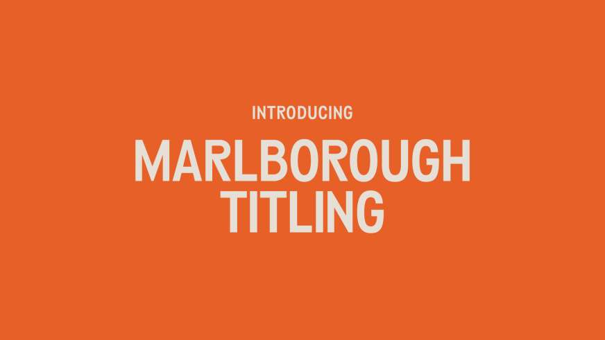 A plain bright vermillion color background with creme text on top in sans serif type stating: Introducing Marlborough Titling (centered).