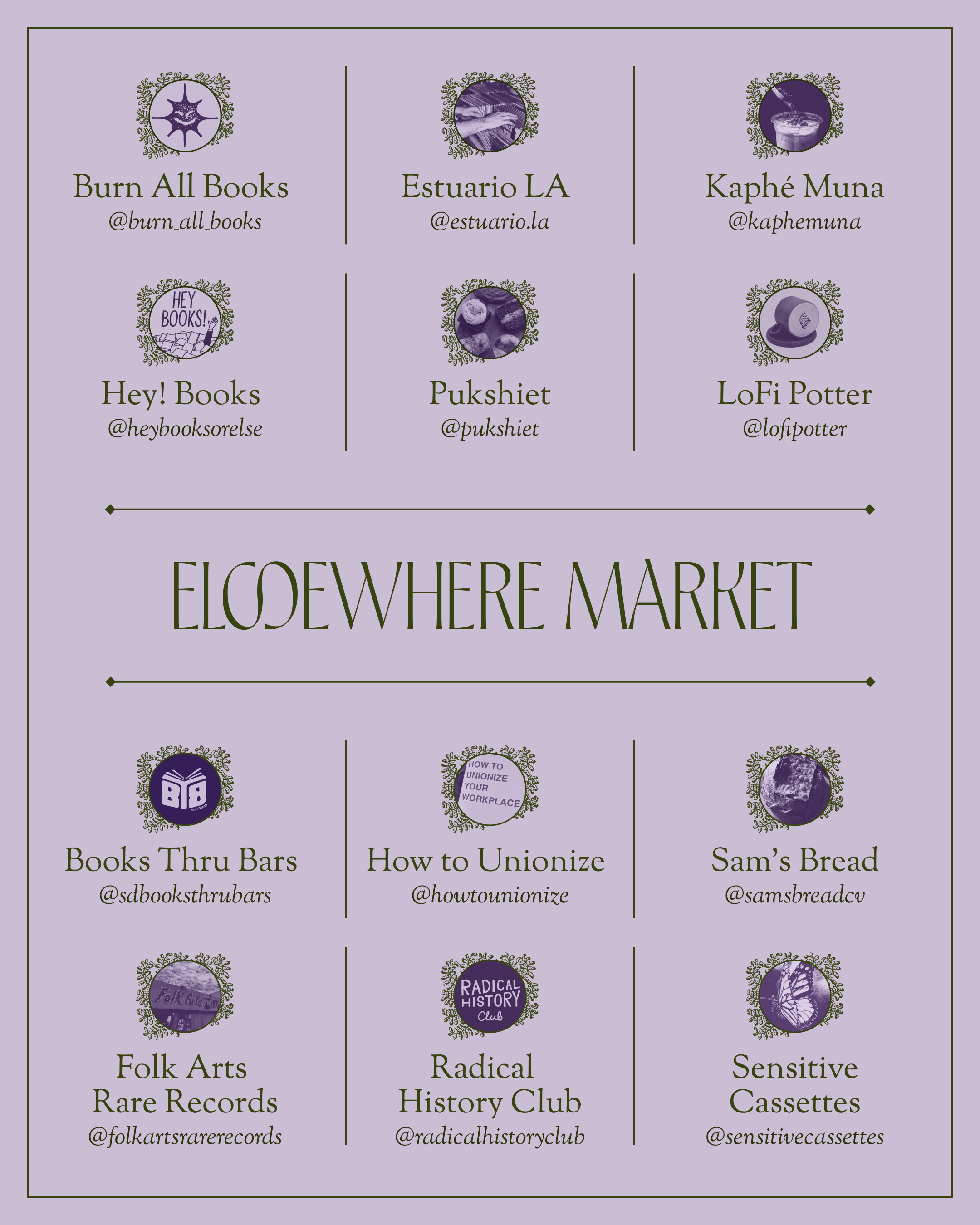 light pink background with Elsewhere Market in the center, surrounded by different vendor names and their photos.