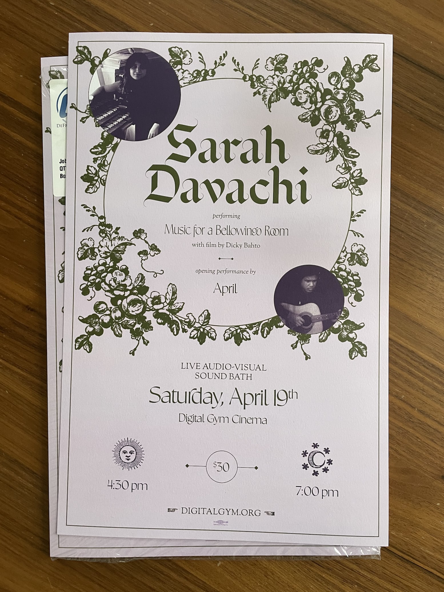 a poster with a light pink background and green foliage around a circle that reads: Sarah Davachi performing music for a bellowing room. With film by Dicky Bahto. Opening performance by April. Live audio visual sound bath: Saturday April 19th. Digital Gym San Diego. 4:30pm and 7pm. digitalgym.org. Poster printed by DeFrance Printing.