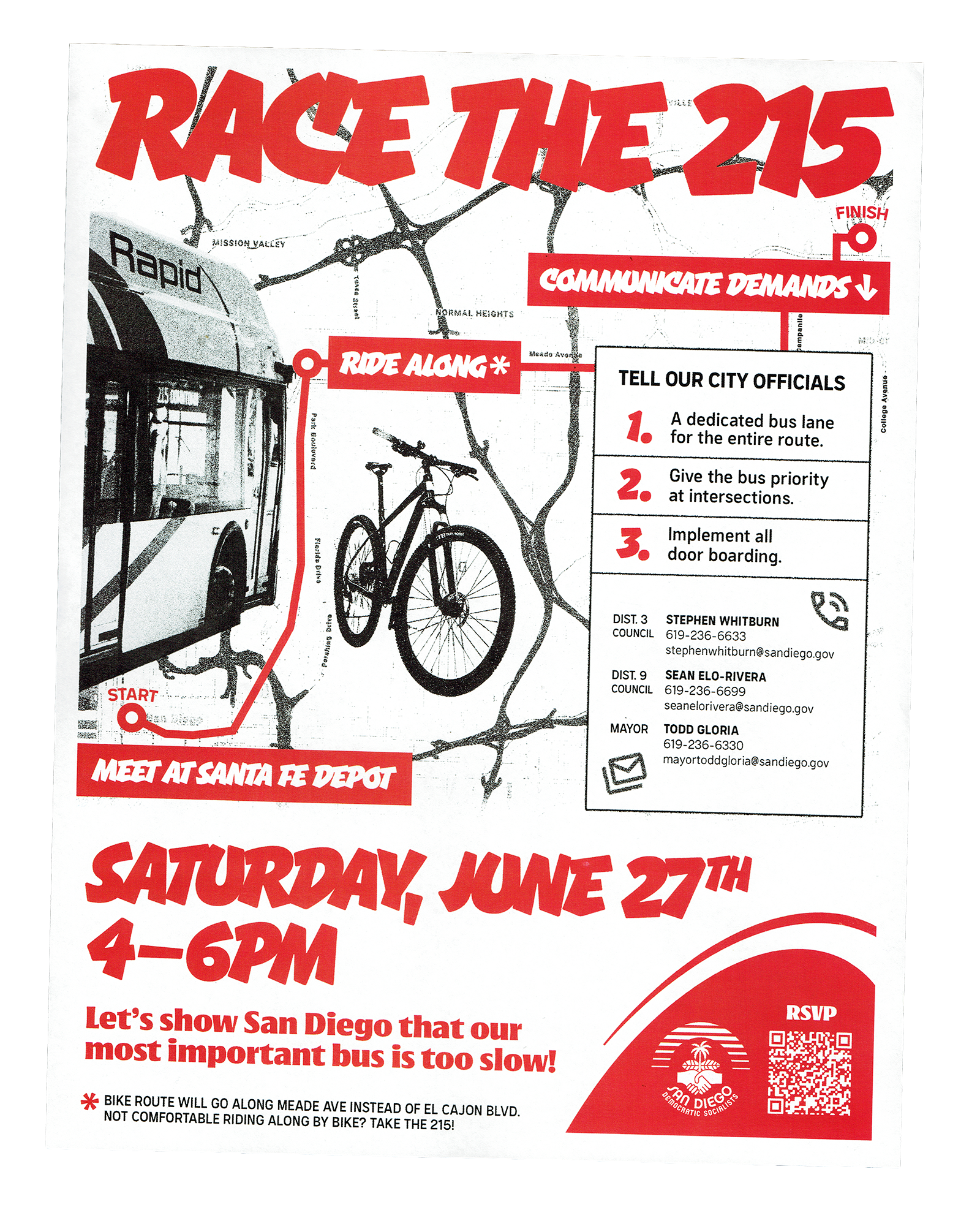 An 8.5 x 11in printed flyer for a bike race with our fastest bus. Text is bold and red and says: Race the 215 at the very top. A greyscale map of the route and a cutout bus and bike are placed on top.