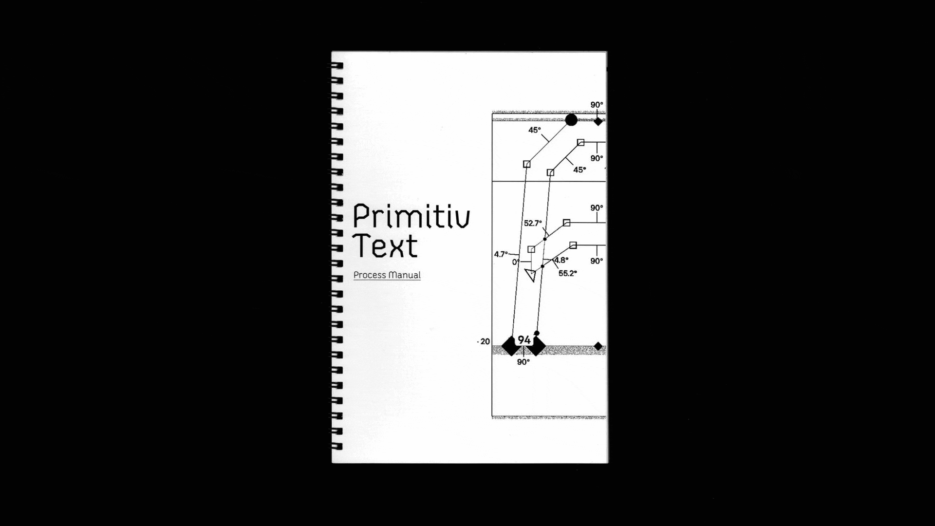 select scans of a wire-o bound process book for Primitiv Text, showing different spreads in gif form