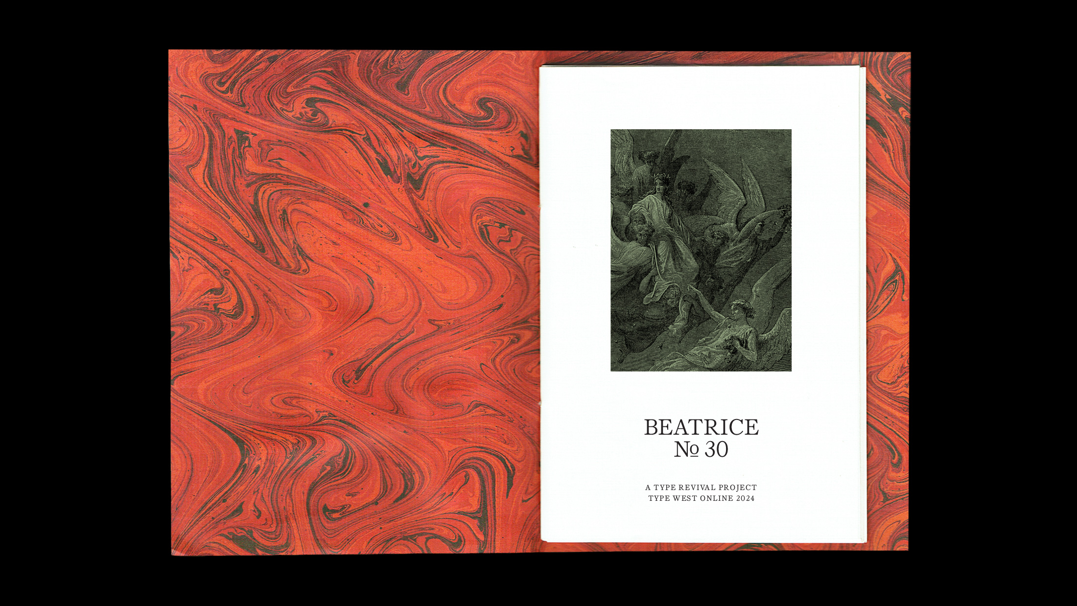 Opening introductory page with a green overlay over an illustration from Dante's Purgatory with Beatrice No. 30 written front and center