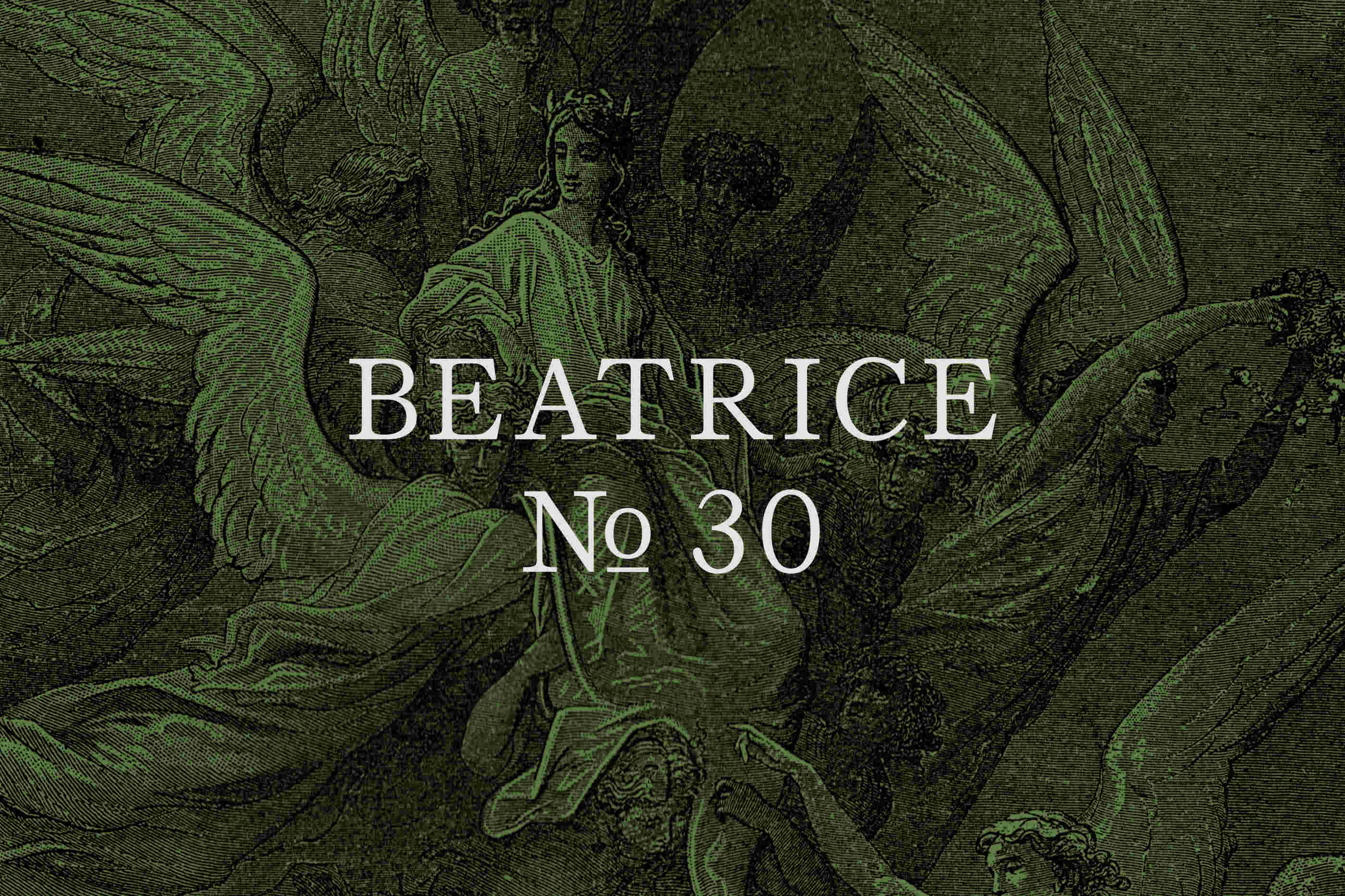 Opening introductory card with a green overlay over an illustration from Dante's Purgatory with Beatrice No. 30 written front and center