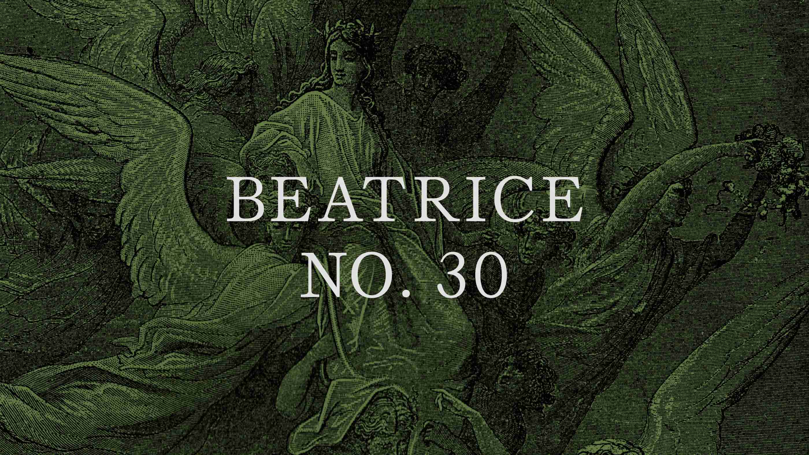 Opening introductory card with a green overlay over an illustration from Dante's Purgatory with Beatrice No. 30 written front and center