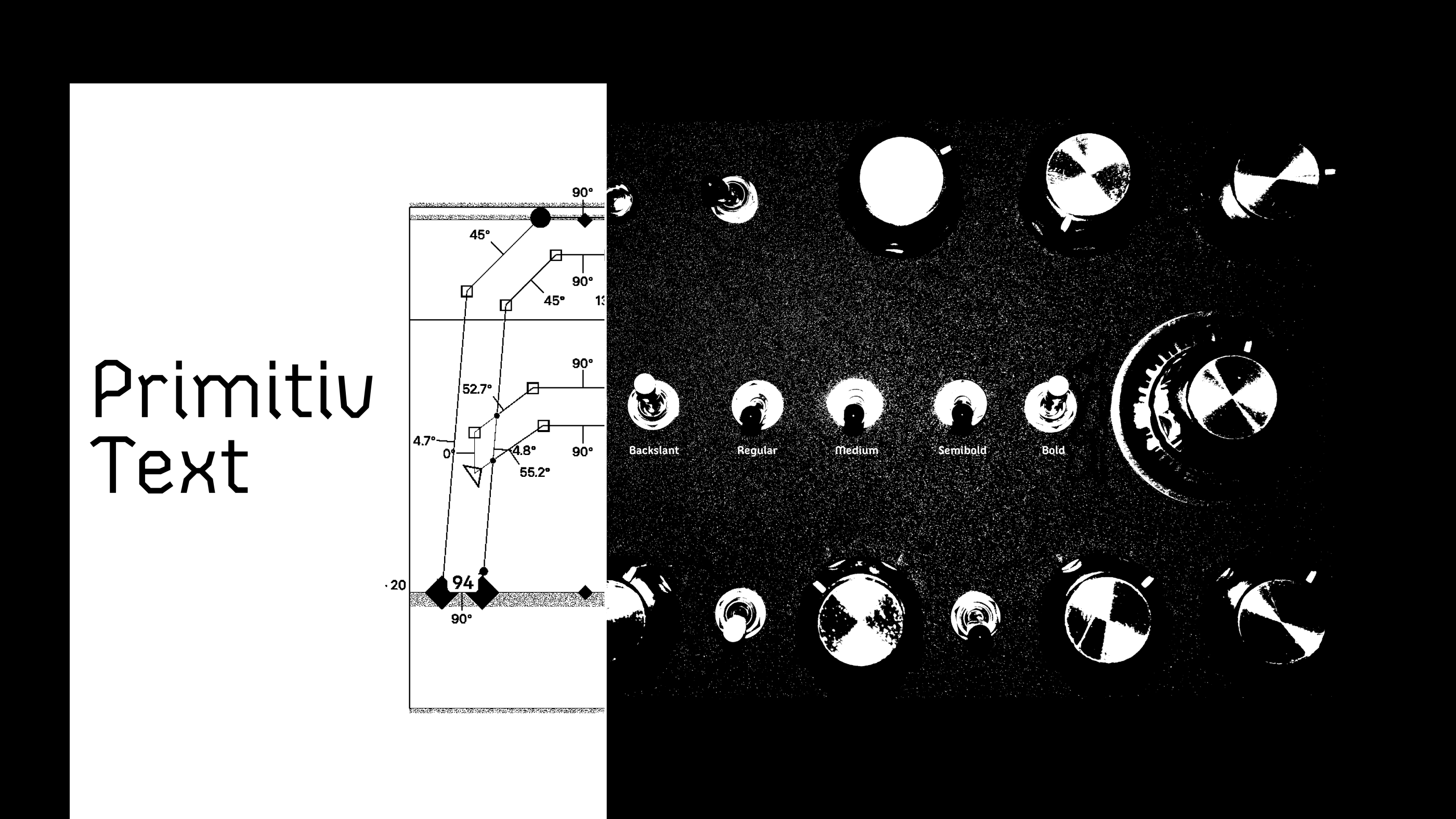 Introductory slide showing the name of a new Type Family: Primitiv Text. Background of is of a nameless synthesizer and the font name is on a white background.