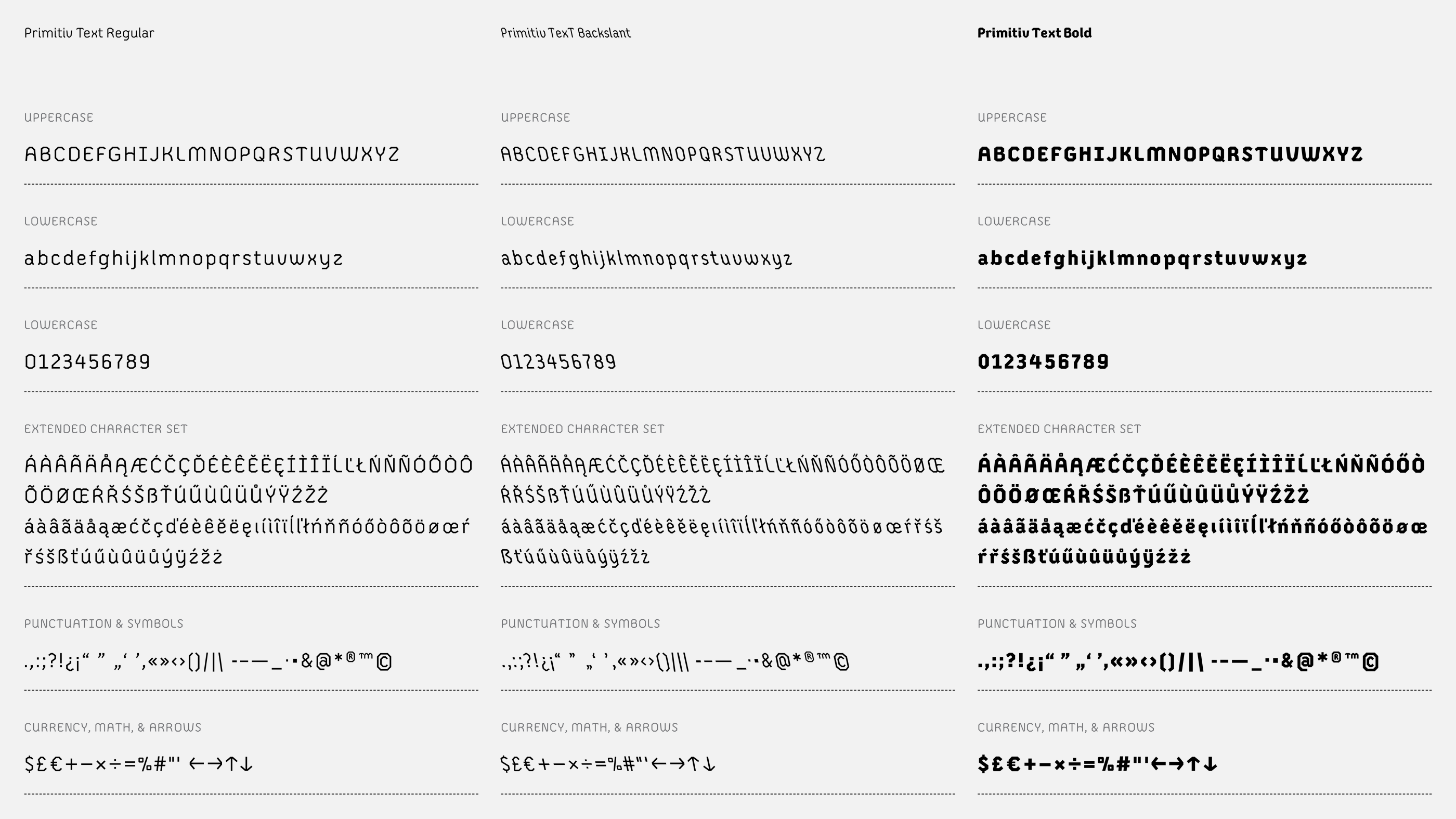 Full glyph set in each primary style: regular, backslant, and bold in black text on a light gray background.