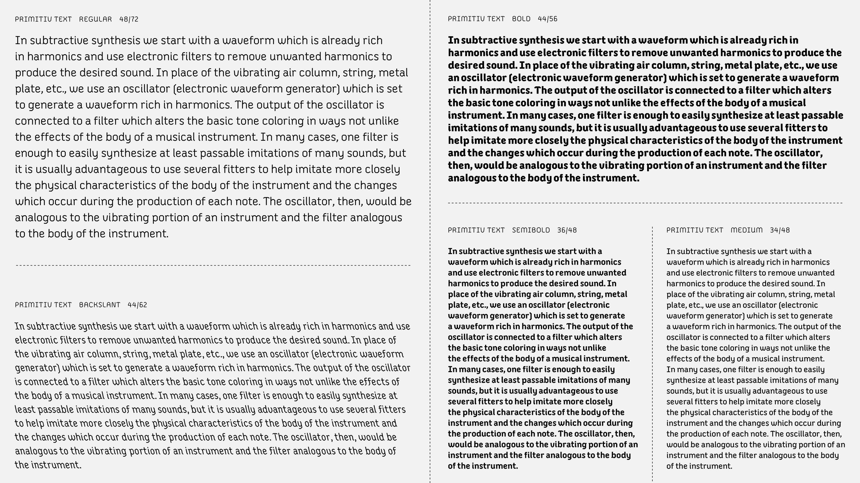 Collection of a single paragraph in every style for Primitv text in black text on a light gray background. Paragraph is about subtractive synthesis.