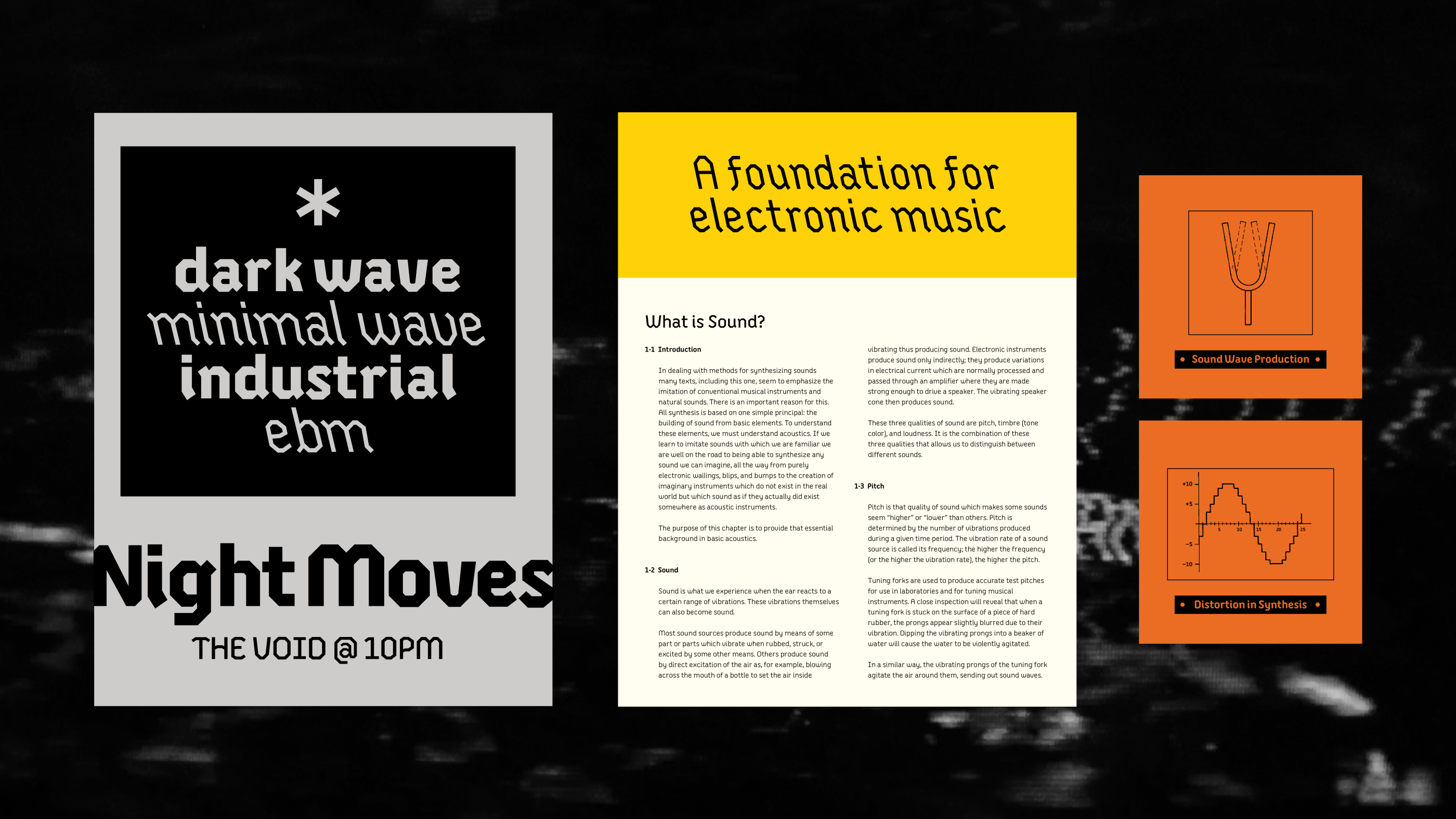 Collection of ephemeral pieces highlighting Primitiv Text in different styles: showing a club flyer, a one sheet of technical writing, and 2 graphics on sound with a label underneath. All sitting on top of a textured black and white background.