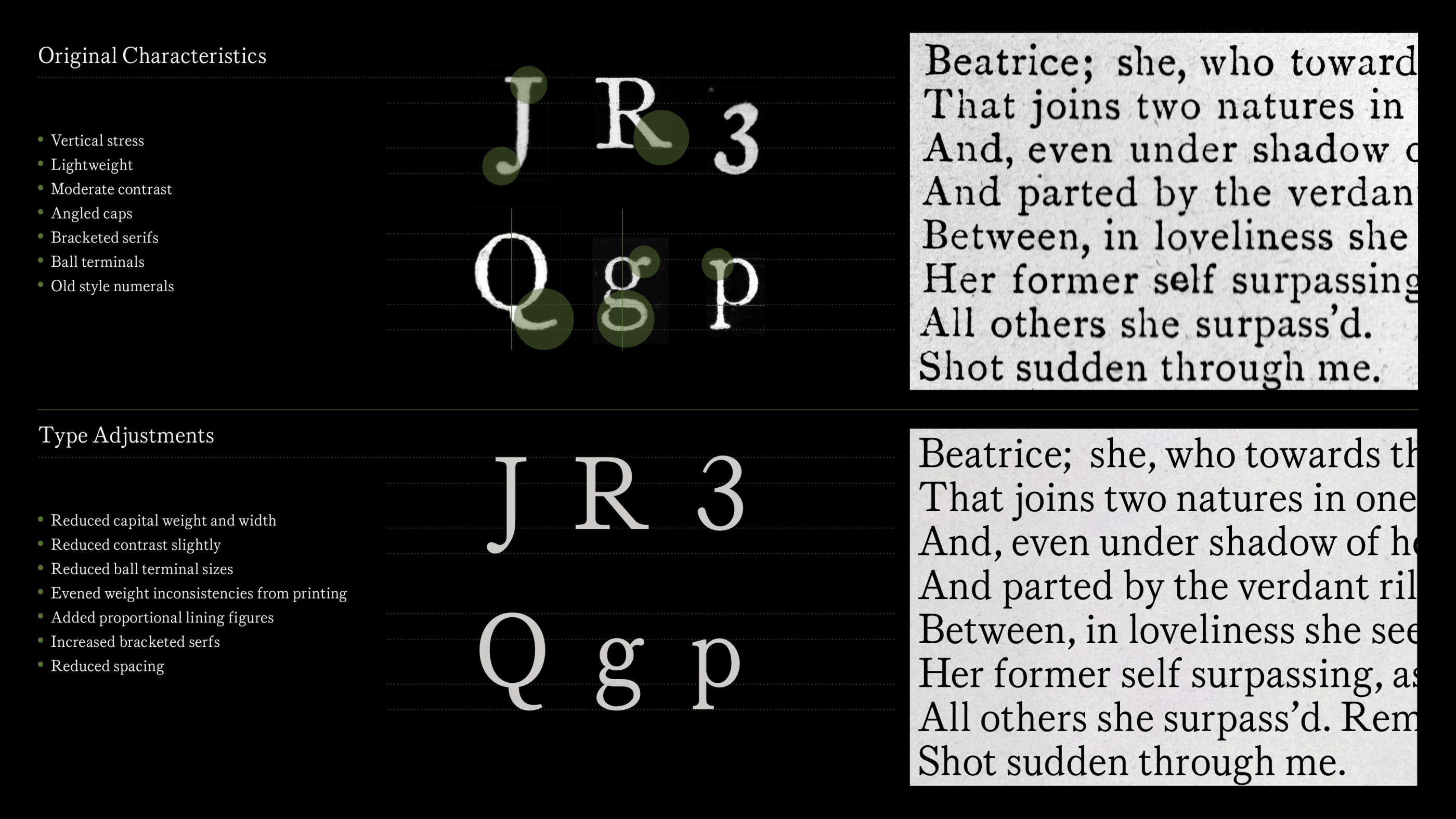 Preview of original type referenced next to my type work for Beatrice No. 30