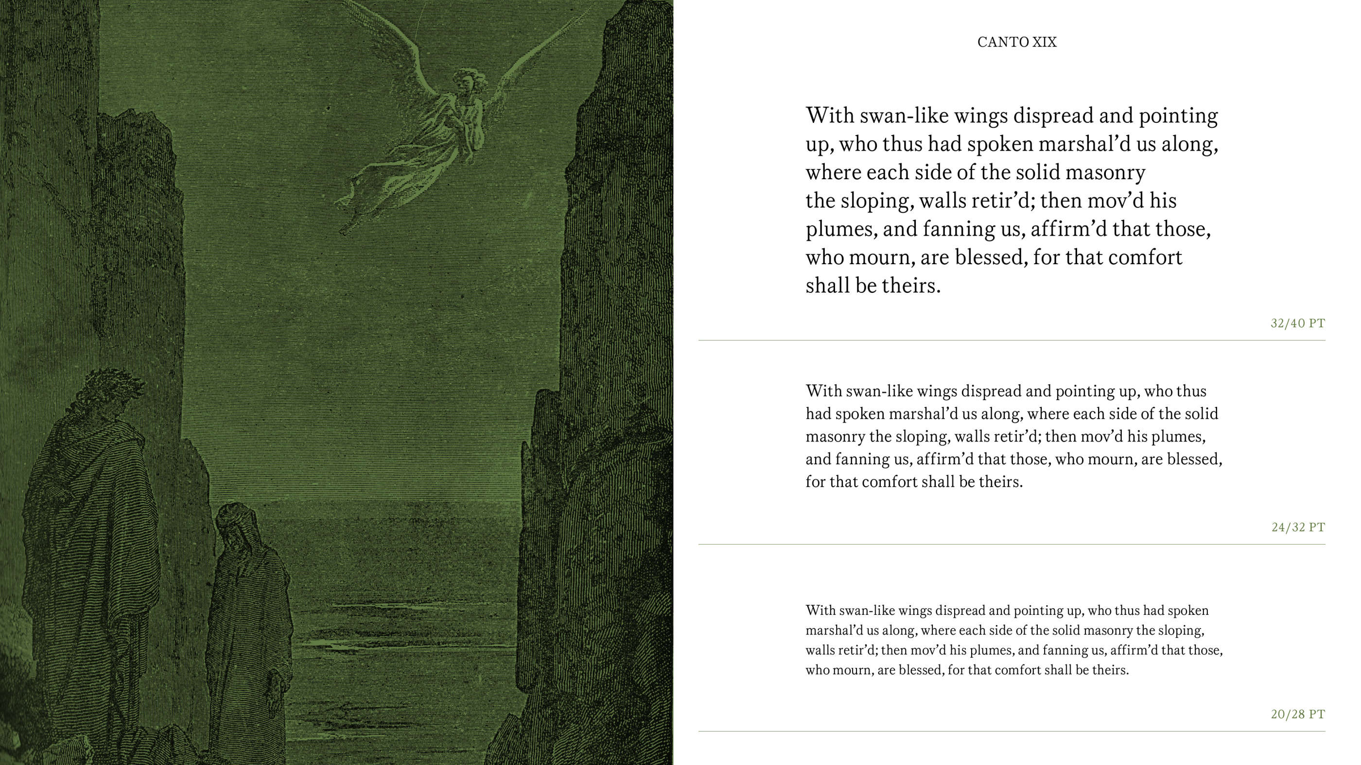 Illustration of angel from Purgatory on the left with a green overlay, next to a snippet of canto XIX in different font sizes.