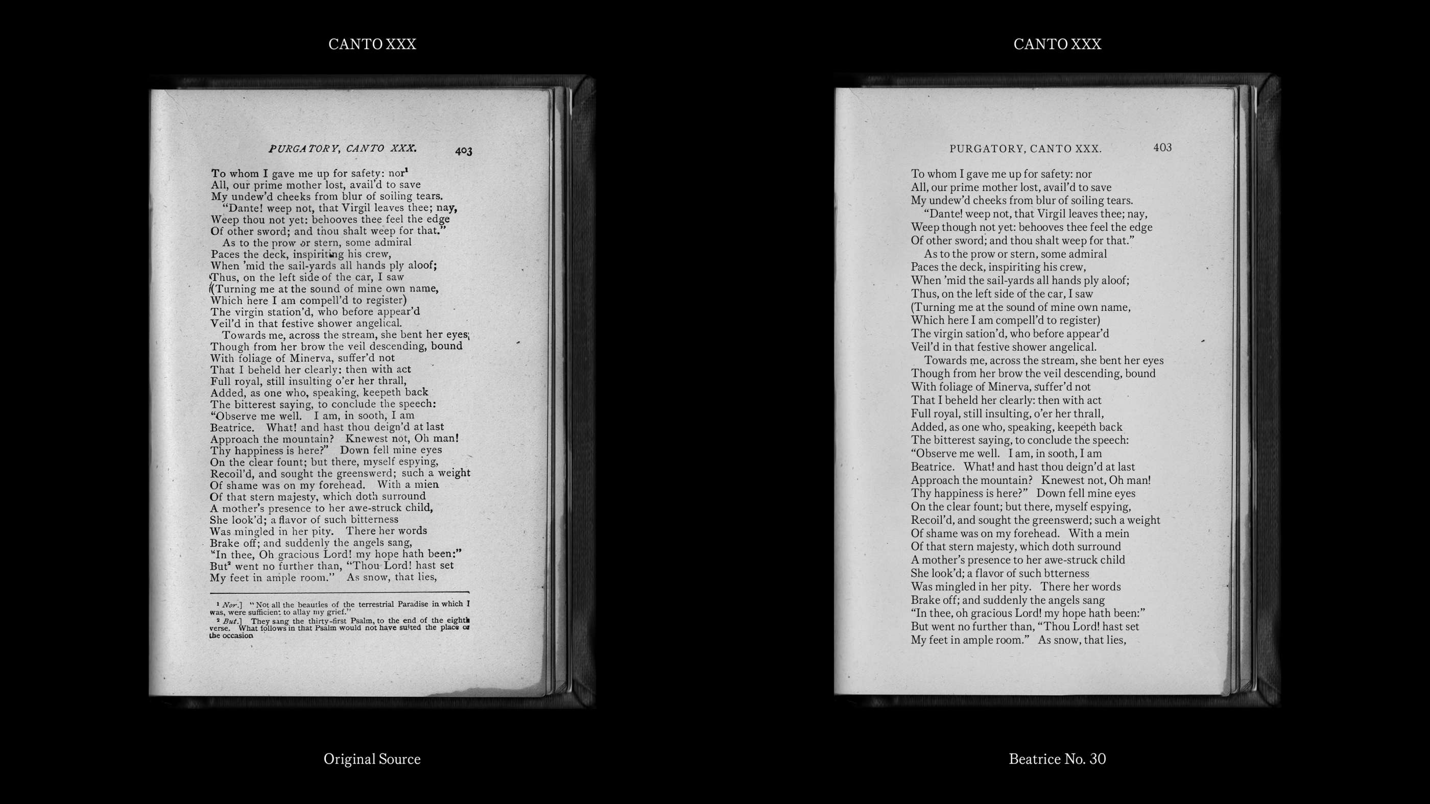 side by side comparison of a page from the original scanned source material in the original type, next to a page set in Beatrice No. 30