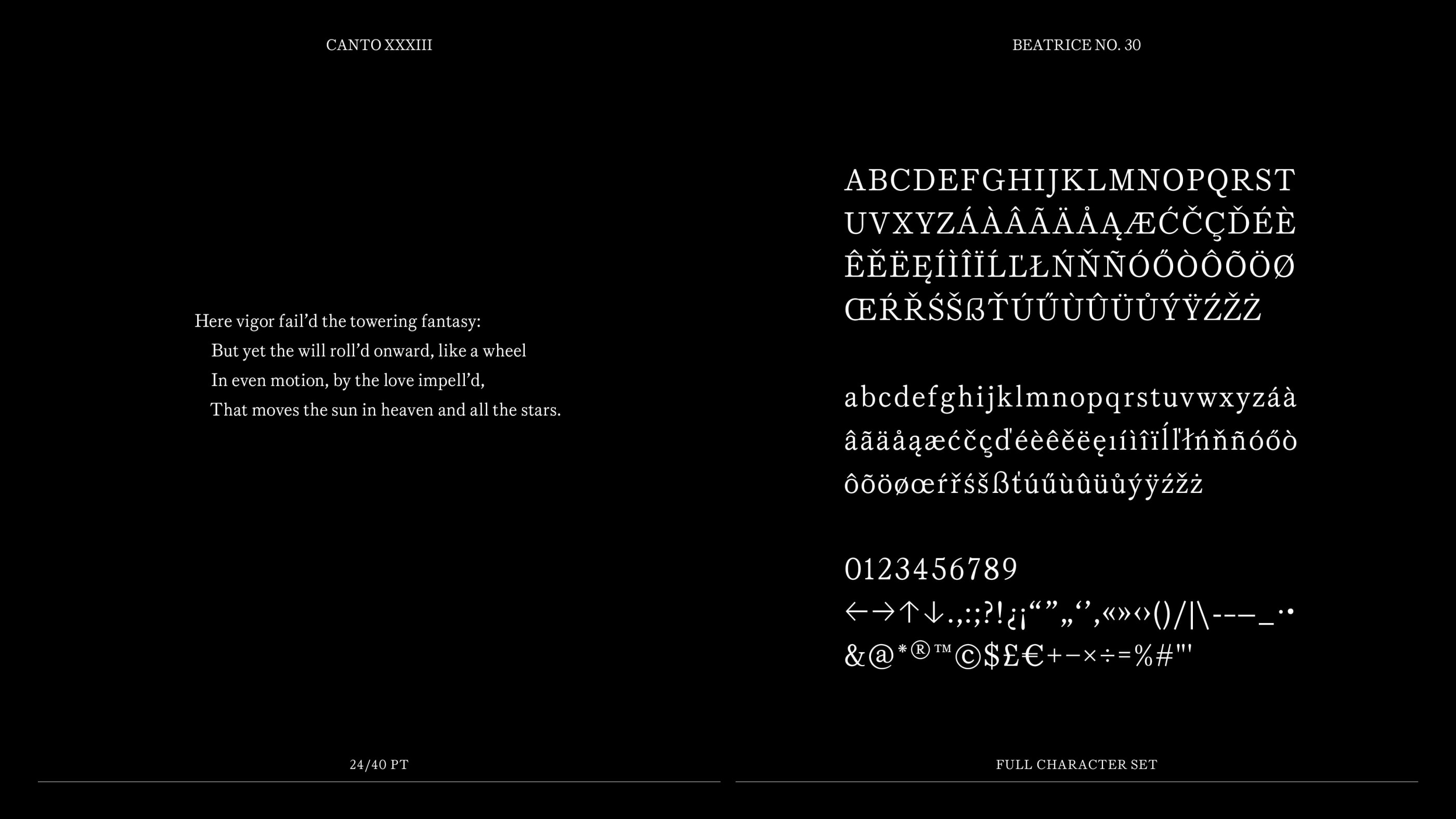 highlighing the full character set of Beatrice No. 30 with white text on a black background. On the left side of the character set is the final excerpt from Purgatory.