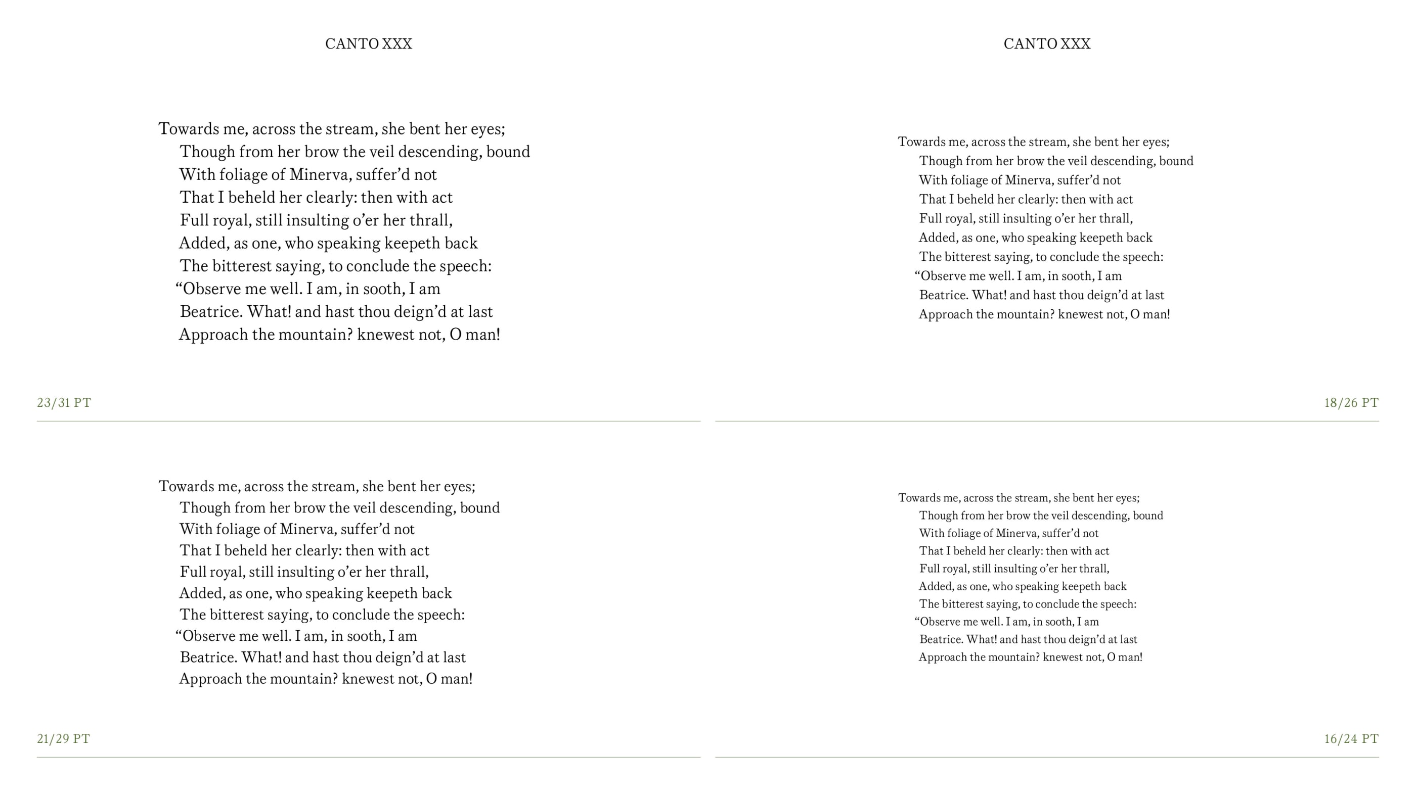 Snippets from Canto XXX on a white background, showing different font sizes.