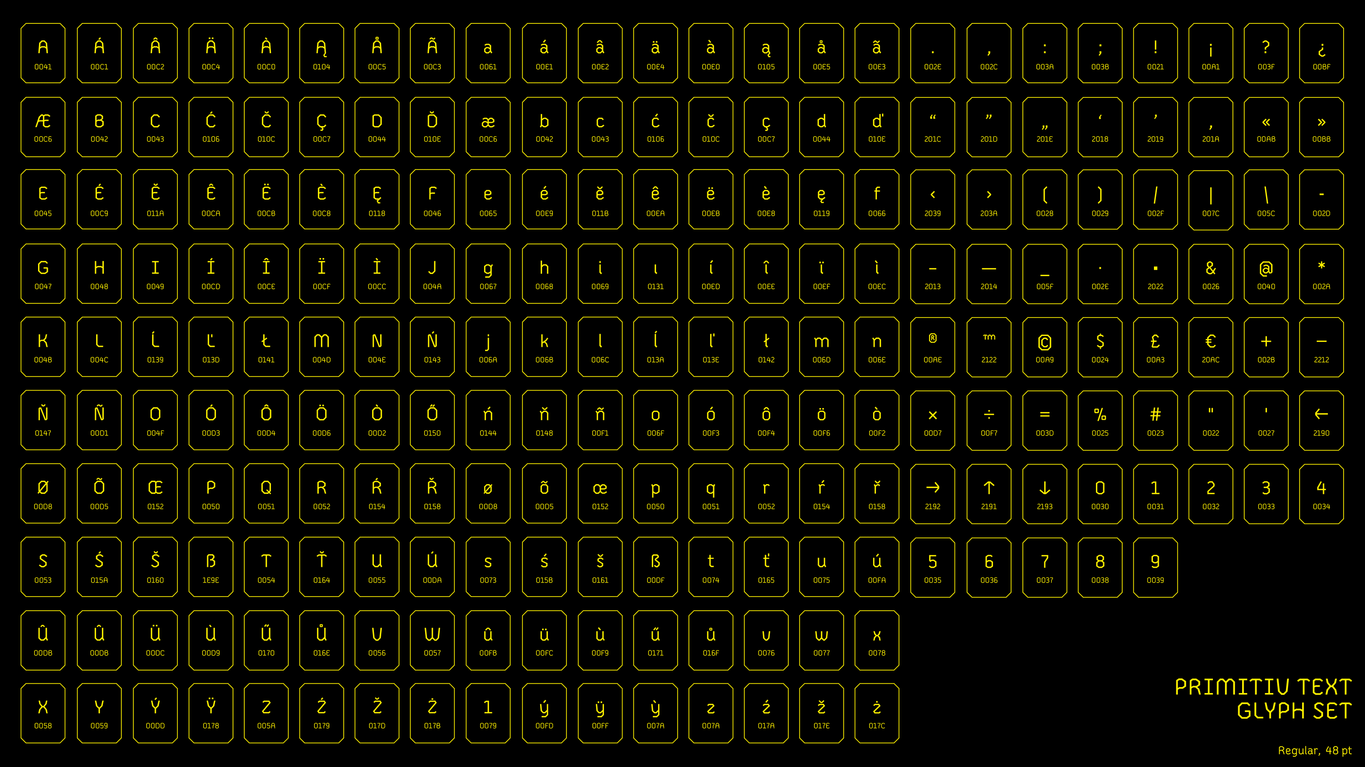 Full glyph set view in regular weight. Each glyph is in its own box with the unicode below. Boxes and text is in yellow on a black background.